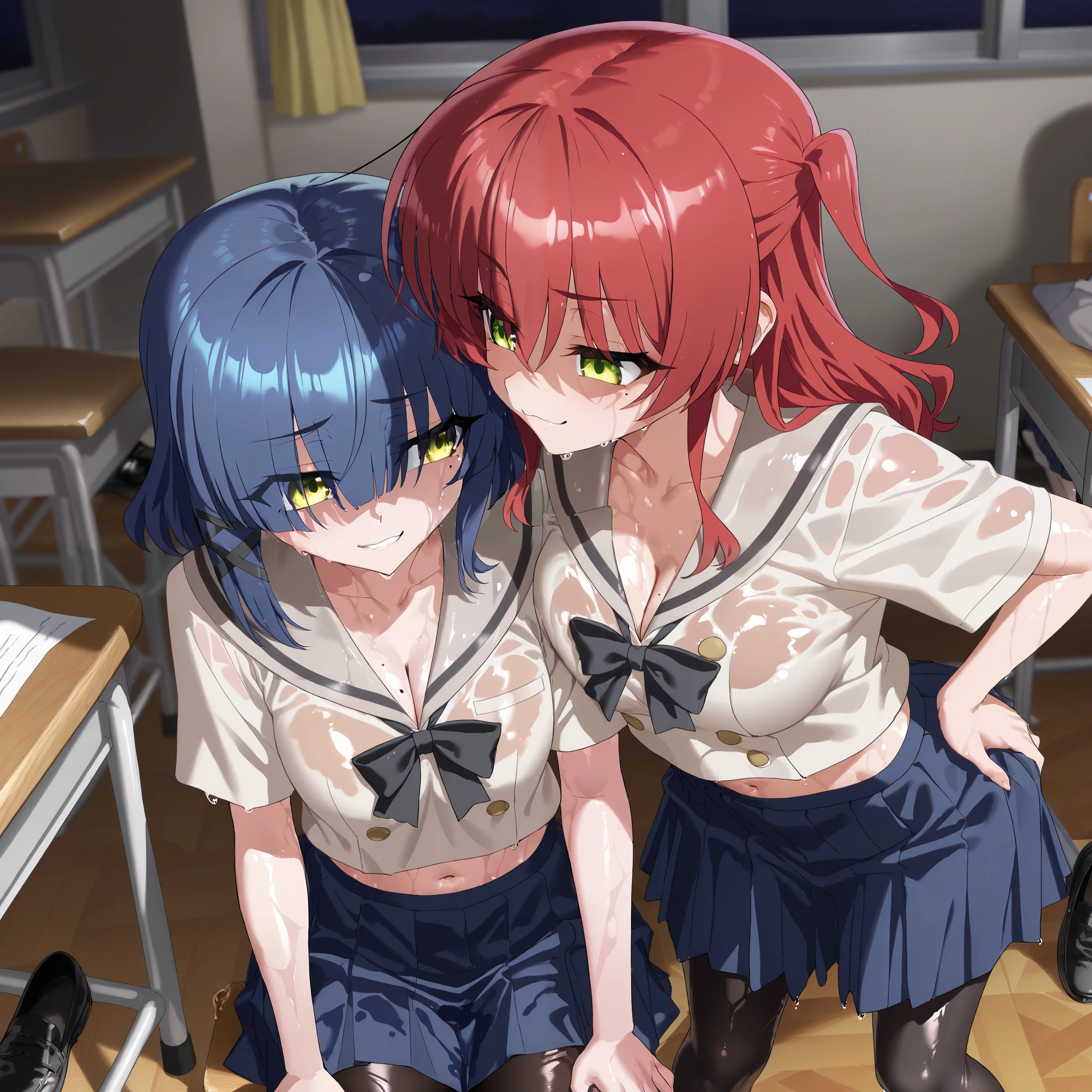Kagami Hirotaka Art, Line drawing X style, face forward, in the classroom, night, (two females), (couple), ultra detailed ikuyo kita, green eyes, hair between eyes, long hair, one side up, red hair, black footwear, black skirt, grey sailor collar, pleated skirt, sailor collar, school uniform, shoes, short sleeves, shuka high school uniform, skirt,massive wet skin, massive oiled skin, ultra detailed face, smug face, defeated, ultra detailed ryou yamada, blue hair, eyes visible through hair, mole, mole under eye, short hair, yellow eyes, massive wet skin, massive oiled skin, ultra detailed face, smug face, defeated, black pantyhose, black ribbon, blue skirt, long sleeves, pantyhose, ribbon, school uniform, shimokitazawa high school uniform, shirt, skirt, white shirt, standing, cleavage, navel, add detail,