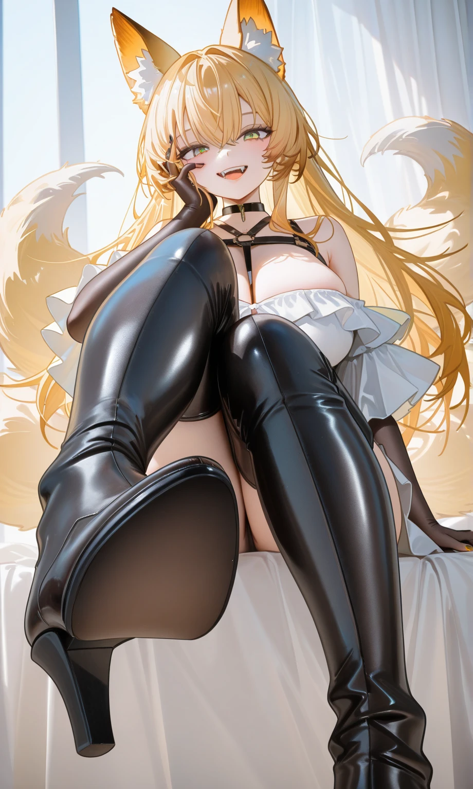 muste piece, best quality, 1 girl,golden hair, (black eye:1.2),((((black underwear))))、((first round))、((embarrassed expression))、((full moon))、((Photo from below))、(((thigh high boots)))、((long hair))、((Black Long Gloves))、((black panties))、((C cup breasts))、((spread legs))、((koukou))