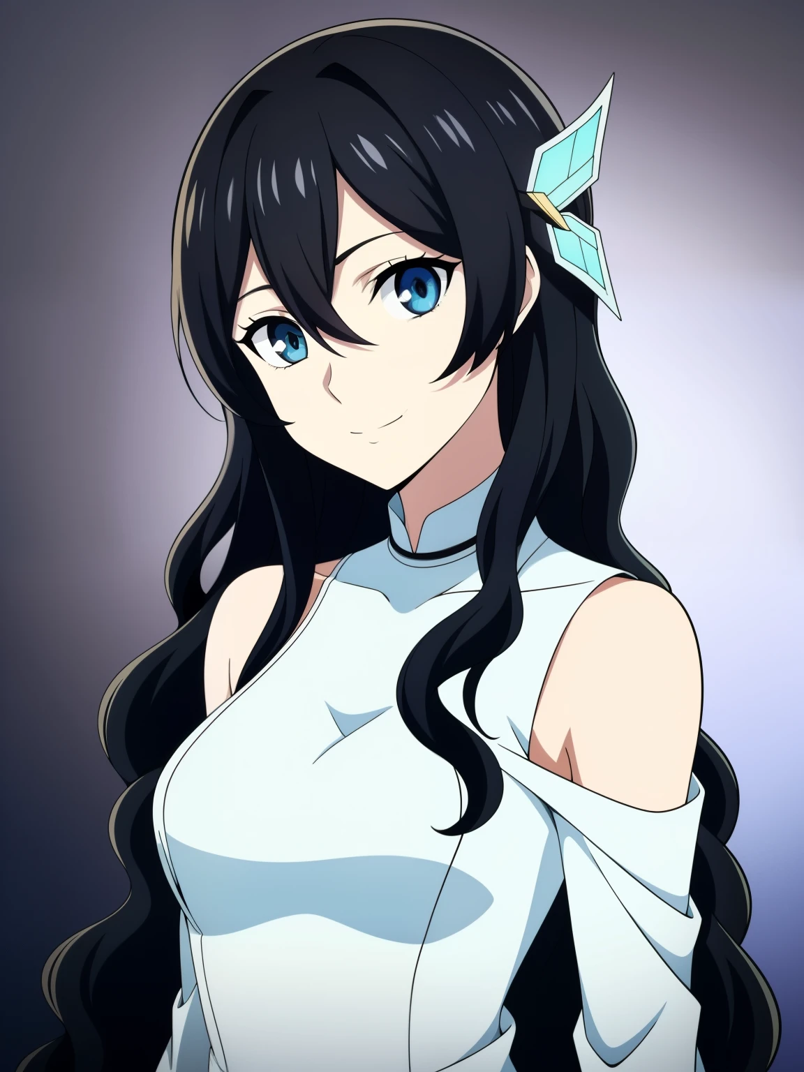 (high-quality, breathtaking),(expressive eyes, perfect face) 1girl, female, solo, black hair, medium hair length, brown blue eyes, cute smile, positive expresion, black background, portrait, symmetrical eyes, pale skin, sickly, hair between eyes, long sleeves, white dress, bare shoulders, jacket, firefly, grey background, wavy curly hair, gradient hair, modern clothing