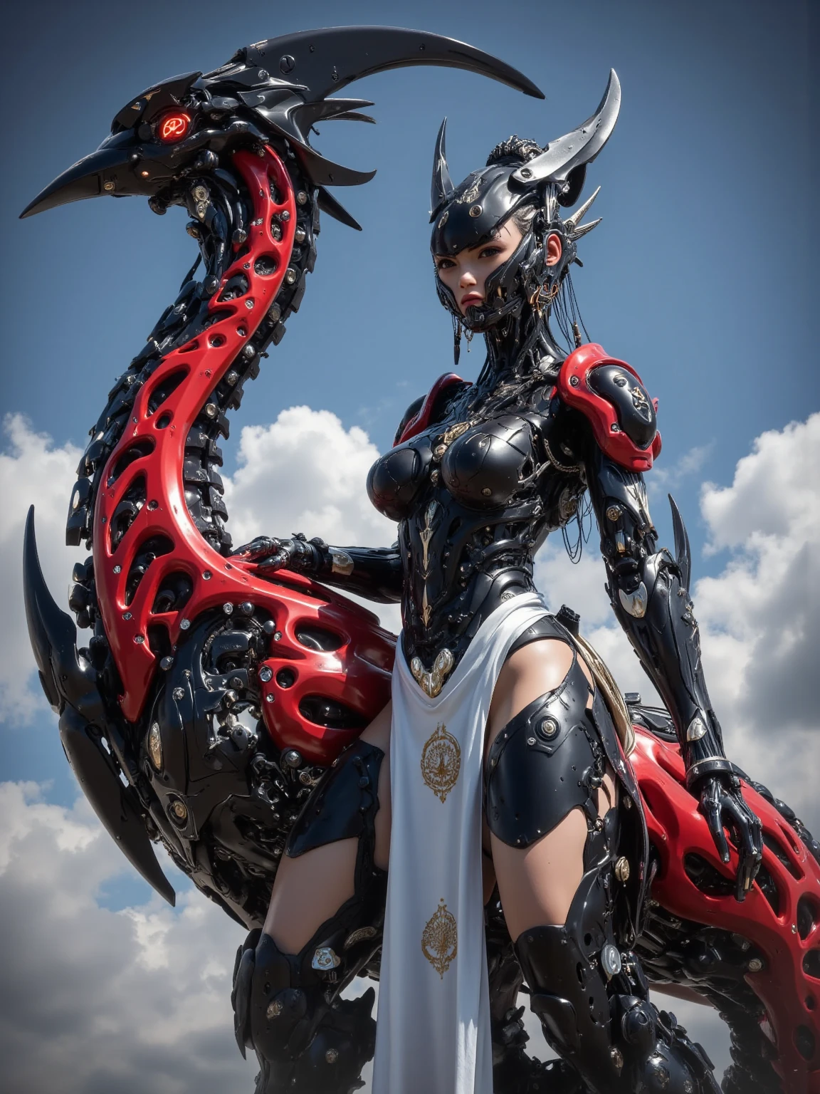 Future Tech Mecha , fully mechanical phoenix , is modeled after the shape of a phoenix , designed as a mecha fighter ,全身覆盖着红灰色和金色纹理装甲, basic weapon system ,Mechanical head,Mecha long skirt, has a pair of mechanical wings 。 The armor is engraved with a totem unique to the Phoenix , eyes shine brightly , symbolizes rebirth and eternity 。 red and dark gray ,Clouds and fog are spreading。Future technology style、Mecha Aesthetics、Dynamic light and shadow 、Sci-fi scene、 fine mechanical details 、 Unreal Engine rendering、 Mysterious Charm 、Hyper-Reality,Fairy world background 、 natural light,8k, Delicate Details , beautiful lighting effects , fantasy engine 。