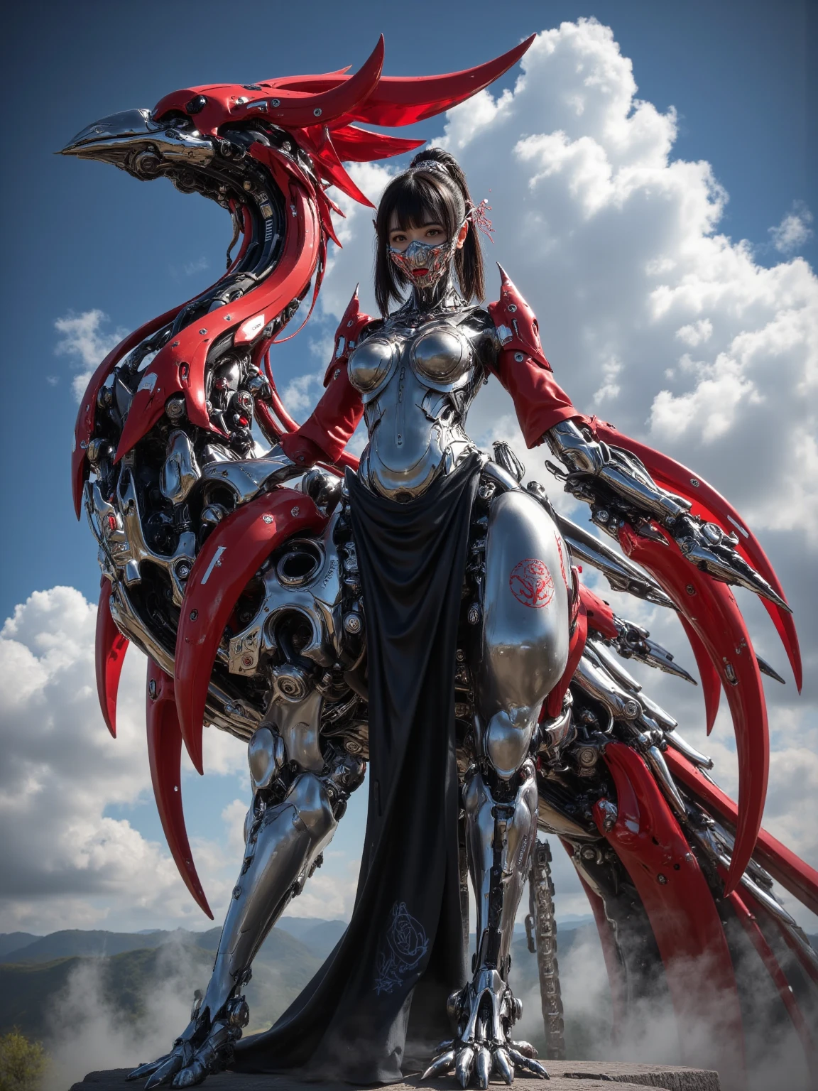 (1kaijin:1.2), (full_body:1.2), solo, (no_humans:1.2), outdoors, street, city, people,
latex_bodysuit, bird, bird beak, bird claws, very_long_hair, huge bird_wings, colored_skin, medium_breasts,bird claws, (robot_joints:1.2),
<lora:kaijin_v1_mix:1>
(masterpiece, best_quality:1.3), (realistic:1.3), photorealistic,