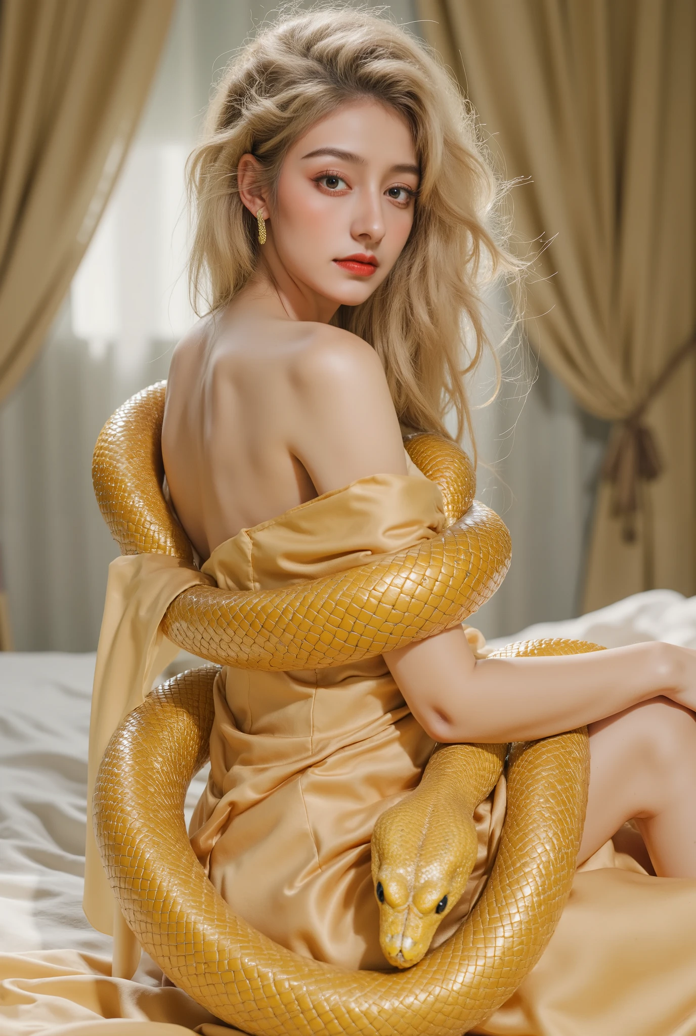  A blonde woman in tight silk pajamas.  FOR THE AUDIENCE， with black eye makeup .  lying on the bed. Rear View, Full body dress. Normal size butt，A golden snake wrapped around her body 