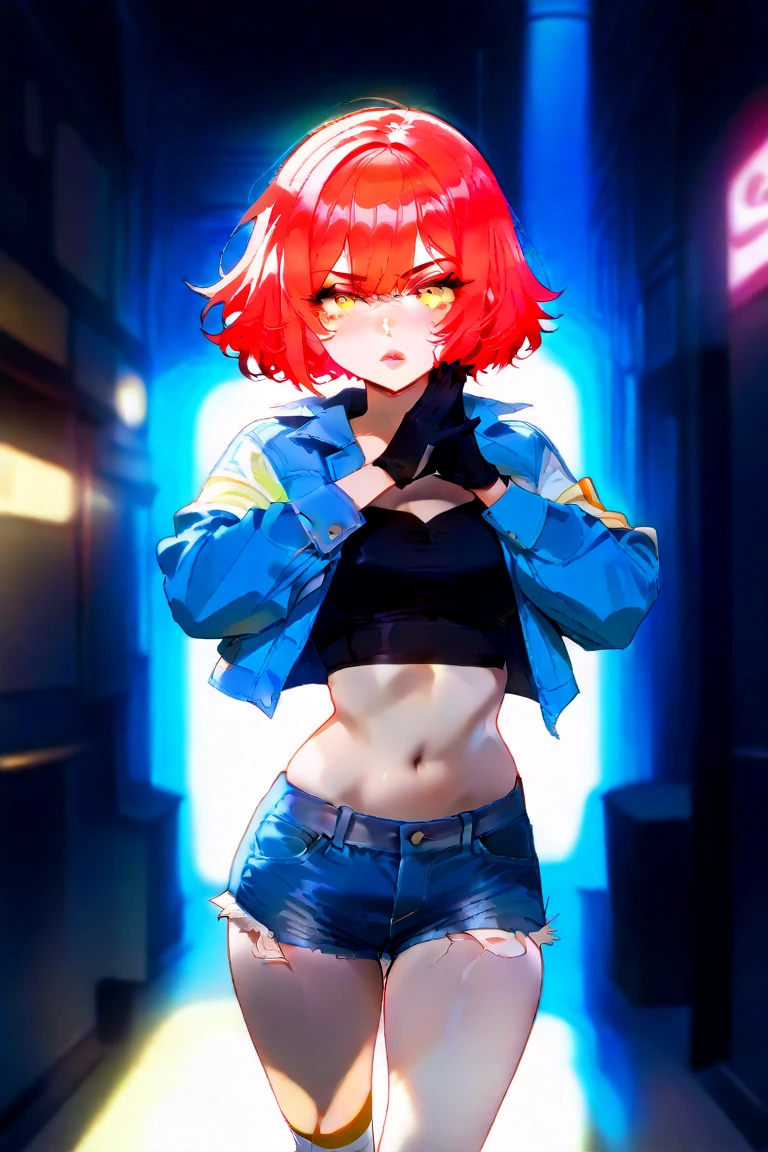 1girl, solo, orange hair, twin buns, blue eyes, eyeliner, light grin, medium breasts, white hoodie with light blue hood, black choker, denim shorts, light blue sneakers, frow below