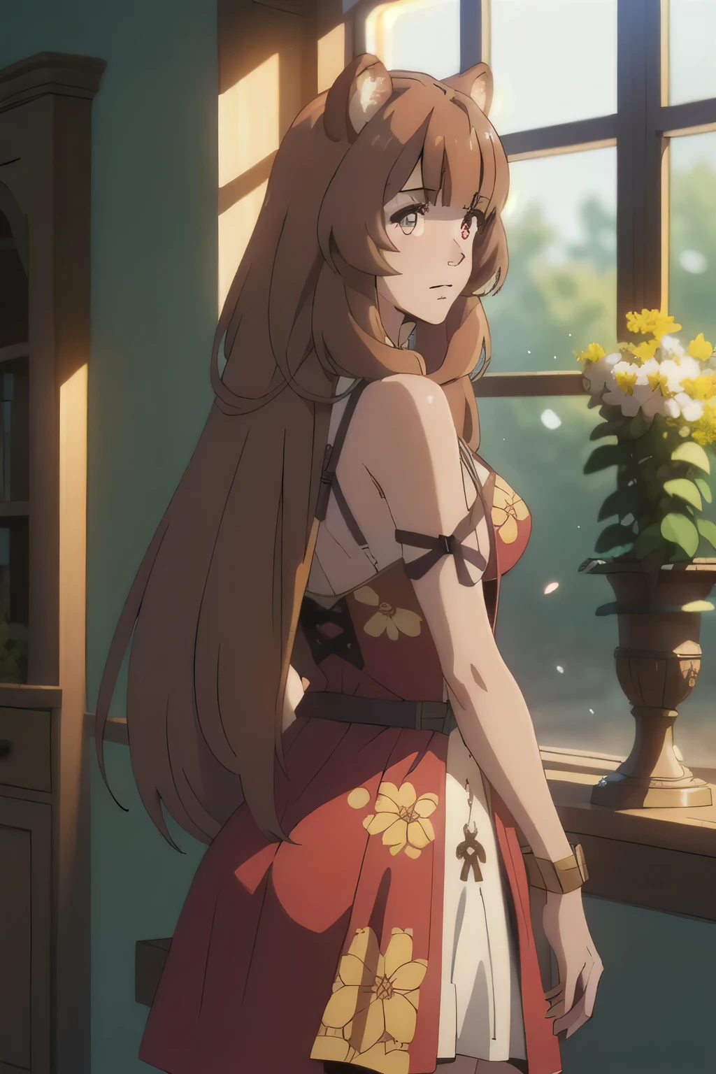 1 girl in, 18, photo of Raphtalia, Shield Hero Waifu, photo of perfect woman, Solo, Aesthetic artwork, (long hair, straight brown hair, long hair, brown hair, bangs: 1.25), (girl, raccoon girl, raccoon ears, animal ears, red eyes: 1.2), (clear skin, fare skin, medium breasts, B-cup, runners body, very thin waist, skinny, petite, detailed skin texture, (Masterpiece), (shot from behind), (parched back), ((criss-crossing straps on dress))), flowers, floral dress, gilded flower, gilded flowers, gilded girl, gilded dress, all gold, only gold, filigree, dress pooling around her, (((dark red dress)), (extremely detailed 8k wallpaper), soft lighting, high quality, film grain, 50mm, High Detail, Sharp focus, (natural light), (cowboy photo:1.2), light particles