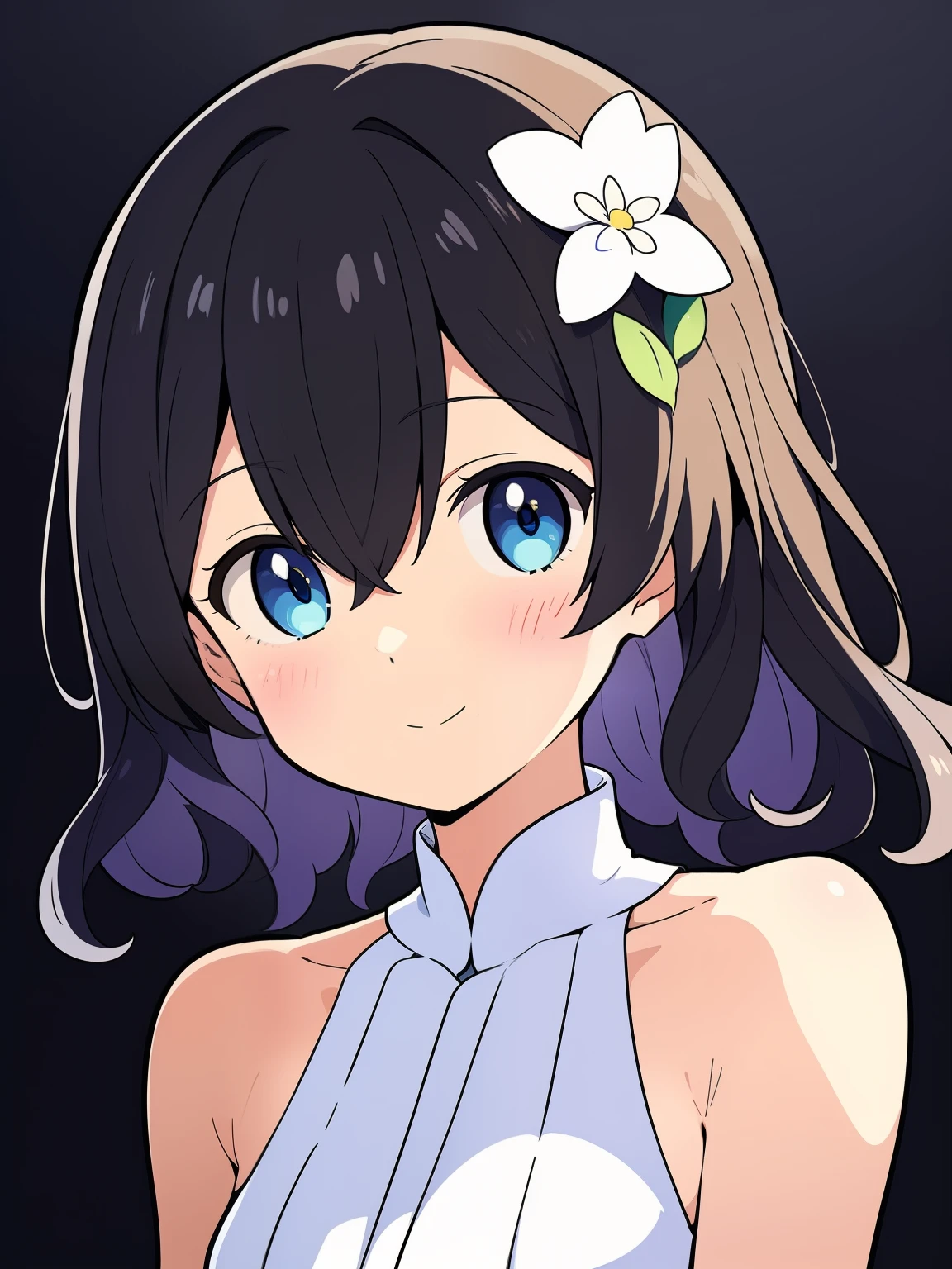 (high-quality, breathtaking),(expressive eyes, perfect face) 1girl, female, solo, black hair, medium hair length, brown blue eyes, cute smile, positive expresion, black background, portrait, symmetrical eyes, pale skin, sickly, hair between eyes, white dress, bare shoulders, jacket, firefly, grey background, wavy curly hair, gradient hair, modern clothing, hair accessory. flower in hair

