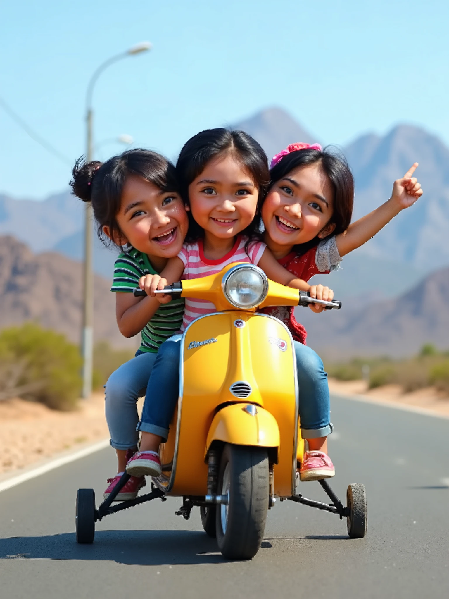 A playful caricature of three Indonesian women joyfully riding a quirky three-legged Vespa motorcycle, with one woman in the back holding on tightly. Their colorful attire and exaggerated facial expressions showcase their happiness. The background reveals a deserted street lined with striking mountains in the distance, and the scene is captured from a side perspective. Ultra HD.