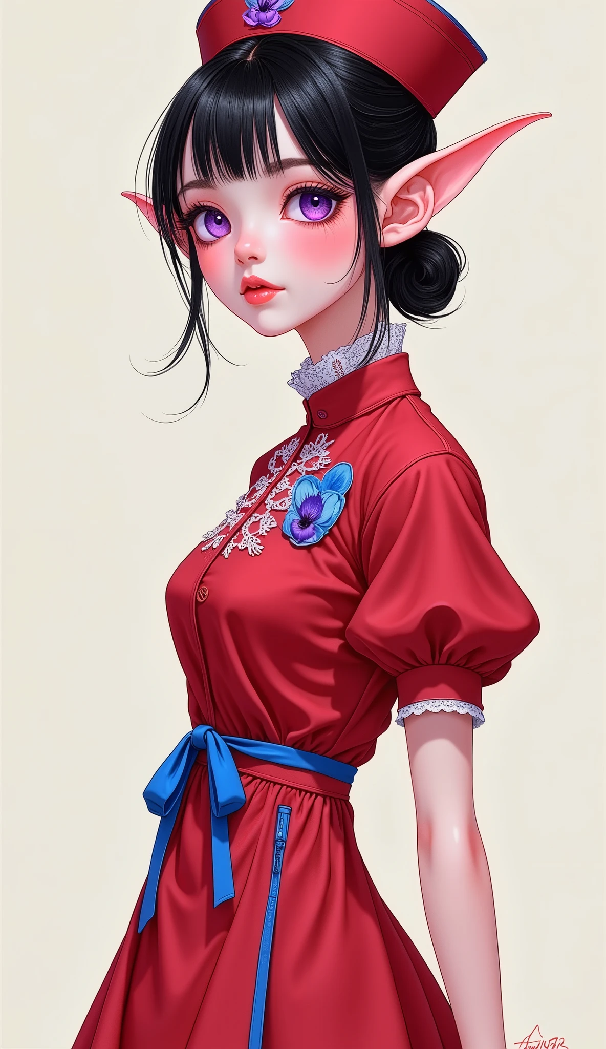 Scales and Detailed Textures , colorful brushstrokes , Soft Airbrush Effects , lace and cotton dress cheongsam style ,resembled ( High Quality Full Body ) a young girl Nurse character, Alberto Vargas , the perfect face, large, Wide hips, adds volume and depth to the character , she has a long , The focus is on bold colors and clean lines , Pointed Ears , Characteristics of Elves . her skin is pale , Light Pink , to attract the audience's attention and add depth to the illustration . dressed with dress Nurse bodycon, a young girl nurse character , dressed with a dress nurse bodycon . The background is a simple , Light beige , bright tones , highlight the character's bright colors and intricate design . use as a young elf with suit nurse a body model . Her clothes are smooth and pleated , , x} The color has monochromatic shadows and 25 shades of red . A semi-realistic ink Chinese illustration , very clear ( The color palette is very well balanced % + 25% + Blue 25 % + biofluorescence 12 .5% + transparency 12 .5%. aesthetic fusion ,Depend on ( Fibonacci ratio . female elf Nurse and kawaii character style. use as young Elf with suit Nurse a body model. Haute Couture Photography (Full body Nurse pín-up pose). slim waist and flat stomach (Nurse). High Height Detail , Almost perfect, Full HD 8K, High Angle and Low Angle . Milo Manara, Gianni Versace , Chanel, Greg} Utkowsk art style , Soft Focus