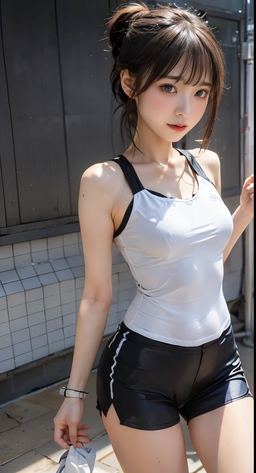 (Masterpiece, Best-quality, RAW-photo, Ultra-High-Resolution, Photorealistic, Very realistic human skin, Sense of reality, Anatomically correct, detailed fingers),
(Thin waist and busty style body, Cleavage, teat, 17-years-old, Realistic Japanese girl, short height),
((running wear, running shoes)),
((full length, standing, See photographer, look at viewer, fold hands behind body, head tilt:1.3)),
(maiko, Round face, Black hair, Black eyes, Moist eyes, Shining eyes, Short bob cut, Bangs, Down-slating eyebrows, one little earring),
(goddess smile),
(sports ground)
bright lighting