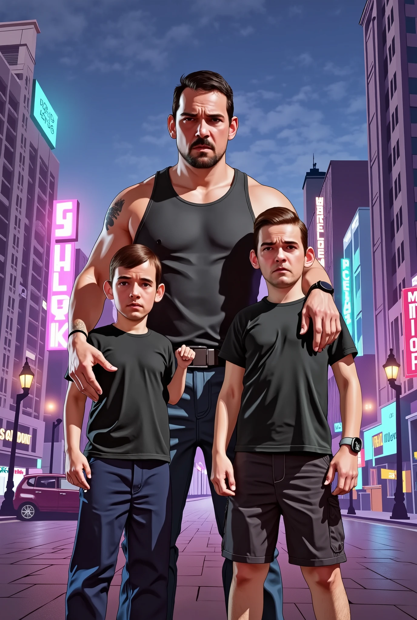 A colorful illustration, GTA style, of The father and two son and 8yoadass.