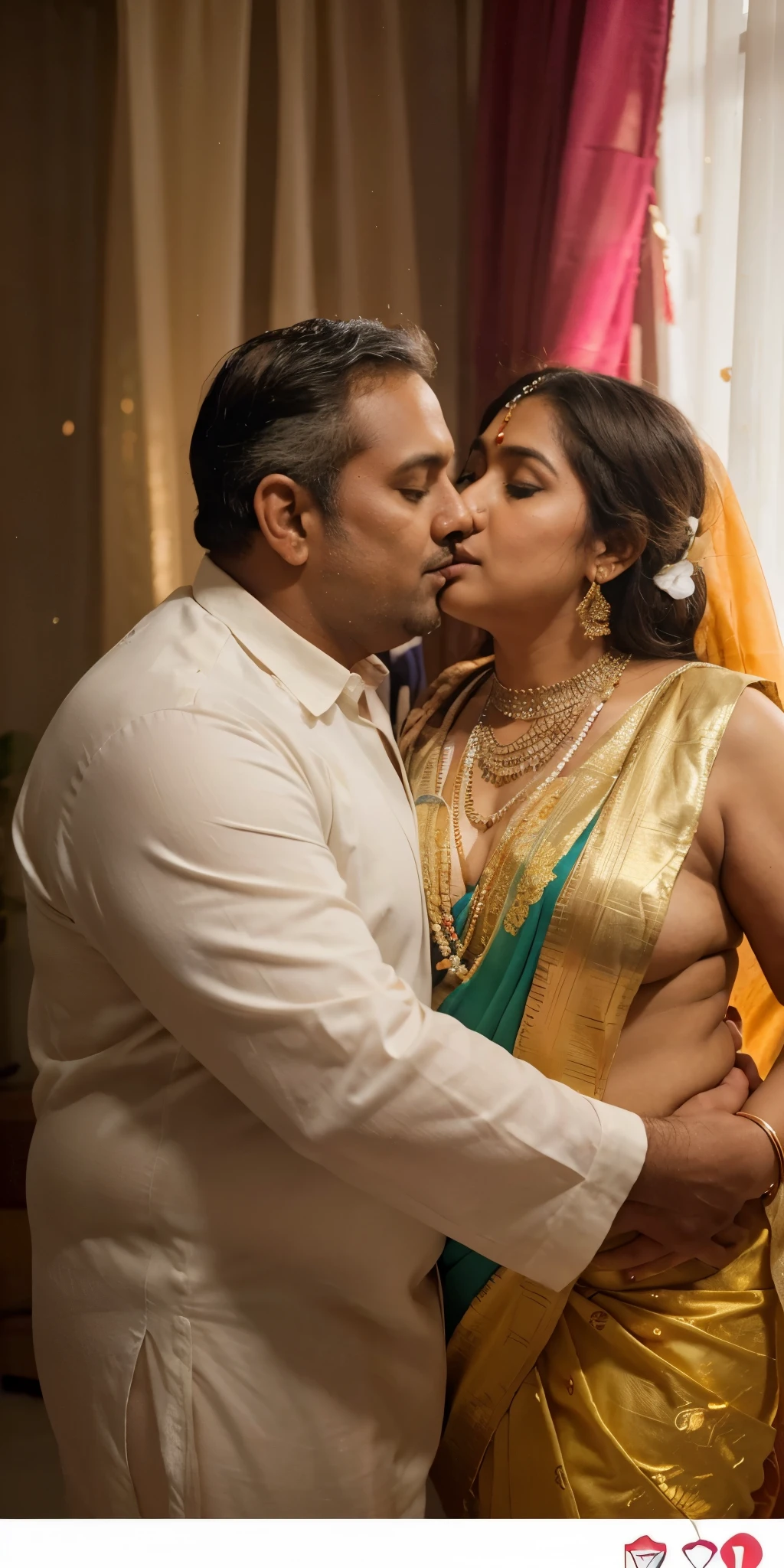 a 50-year-old shirtless man affectionately hugging and kissing aradiant, full-figured South Indian plus-sized 30 year old teacher wearing a cream silky saree in dressing room, captured in a full-body image with vibrant hues and meticulous details. Full body image