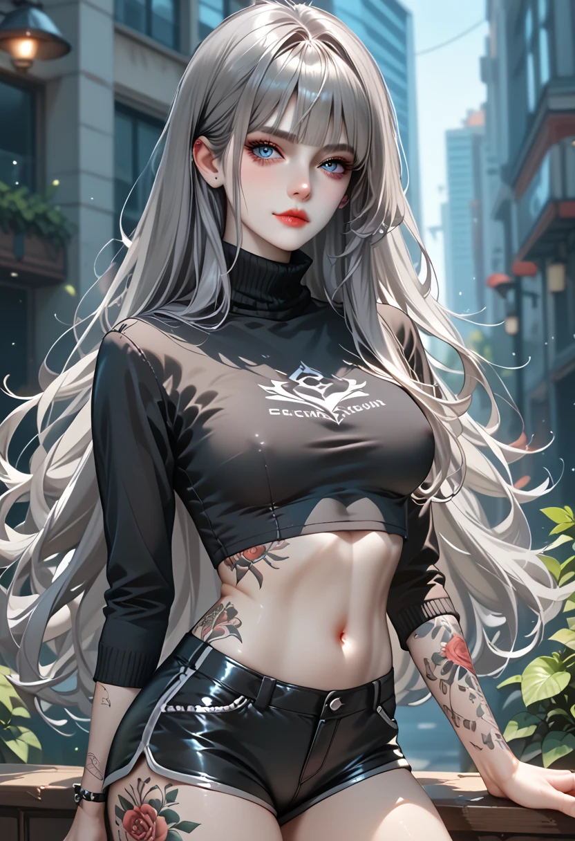 ((Gray Hair))、(Black inner hair),  best quality  、 Masterpiece、(  professional lighting )、  surreal, (Nipples:0.4),  attractive、  slender supermodel  、  One Girl , ( lean forward and show off your butt ), (Mid-chest, Belly button exposed), (  arched  ,  white skin without wrinkles or unevenness  ), (Bright, beautiful blue eyes  , (( wolf cut, Long hair)), (  shorts,((black tight cropped shirt))) , (  beautiful face squinting in bright light  ), ((Black tight cropped turtleneck with tattoos all over the body ))