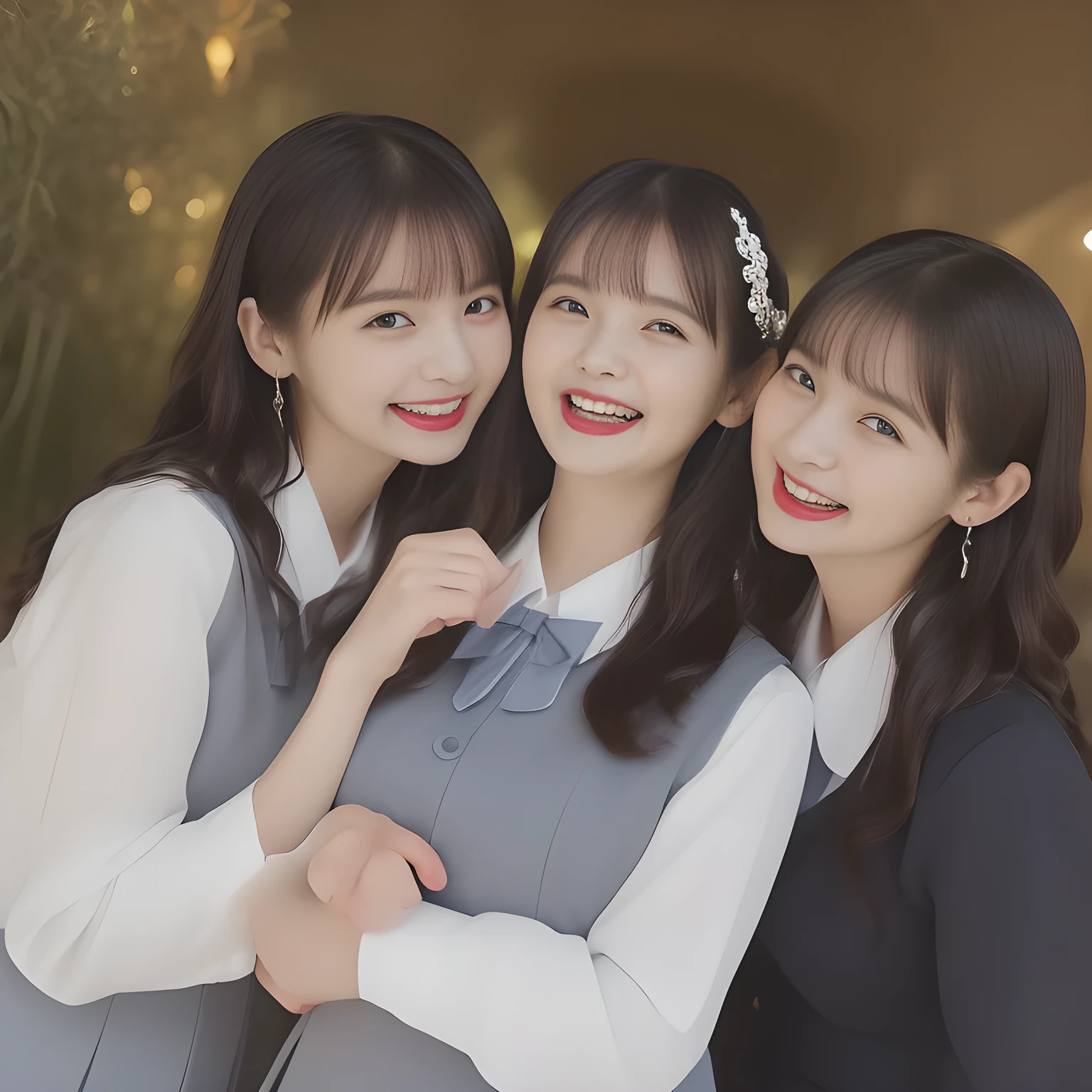 (highest quality, masterpiece, high resolution:1.2), 4K, (Photo quality detailed foreground: 1.2), geometry, (Group of bewitching fascinating succubi has caught the viewer. Group of Cute noble very-long-wavy-hair Japanese OL photo model 20yo office-ladies are seated on the viewer and can't stop kissing the viewer and looking at the viewer with her too beautiful eyes like laughing fashion model: 1.3), (Using expensive face-whitening cosmetics to make her skin more beautiful and pure by professional makeup artist: 1.5), (devious girlish fascinating laughter in bliss, devious girlish pose: 2.0), Laughing cutely, ((Light-Gray) Japanese office noble feminine vest Uniform with neat girly light-yellow blouse, puffed short sleeves: 1.2), (white socks and school loafers, kicking back: 1.5), (Dark blue glossy glossy school ribbon on the breast: 1.0), (Extremely laughing cheeks: 1.8), (Beautiful light-amber large clear open eyes with balanced and detailed cutely: 1.4), (double eyelids: 1.0), (highly curled bangs: 1.2), (Expressing the greatest joy with her whole body: 1.2), (Glossy lips: 1.0), (too long very wavy hair reaches her hips: 1.7), (cute earrings), (making the viewer crazy with her beautiful hands: 1.6), (white and clear skin: 1.5), (Laughing cute princess's eyes looking at me: 0.8), (Very  cute, slender, pretty, pretty, too girly & Girlish:  National Beautiful Girl Grand Prix winners, Very adult bewitching atmosphere: 2.0), (The viewer is forced to kiss crazily all of too beautiful succubi and angels in the bliss: 1.5)