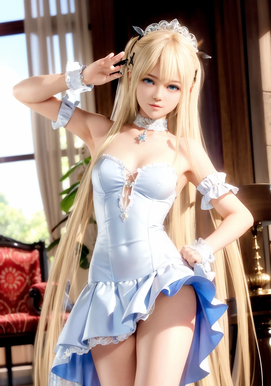 (((artistic))), (((genial))), A beautiful blue-eyed blonde girl wearing a white dress in a wooden salon, (muita luz), (foco feminino), peitos grandes, roupa colada, boca aberta, sorriso aberto, felicidade, anime, anime wallpaper, anime girl, 1 girl, masterpiece
