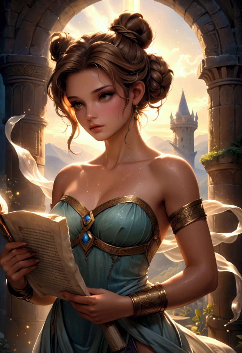An incredibly beautiful young femme fatale with blue eyes, her short blue hair is gathered in a beautiful hairstyle, decorated with flowers, jewelry, she has long bangs, she is a goddess, she wears the clothes of the goddess Hecate. She is standing in the middle of the library, holding a book in her hands. Realistic image. Masterpiece, perfect image, realistic photos, full-length image, 8k, detailed image, extremely detailed illustration, a real masterpiece of the highest quality, with careful drawing.