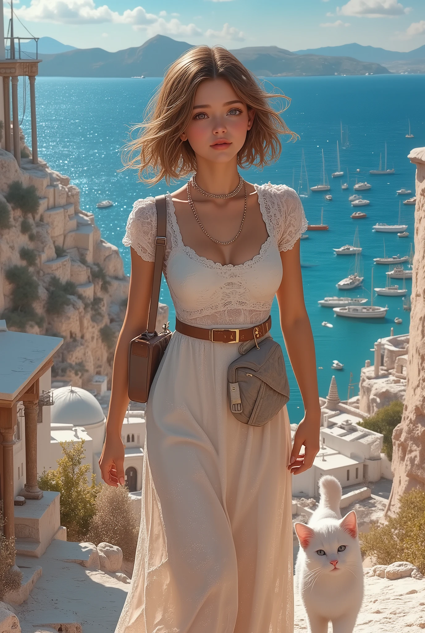 best quality 、 Top Masterpieces、 Award-winning work 、8k, , Traveling Girl , (白い猫と一緒に Traveling Girl :1.5), One person travel, Walking along the sea, blue sky, Blue Sea, Aegean Sea, (Greece, Mykonos:1.4)
