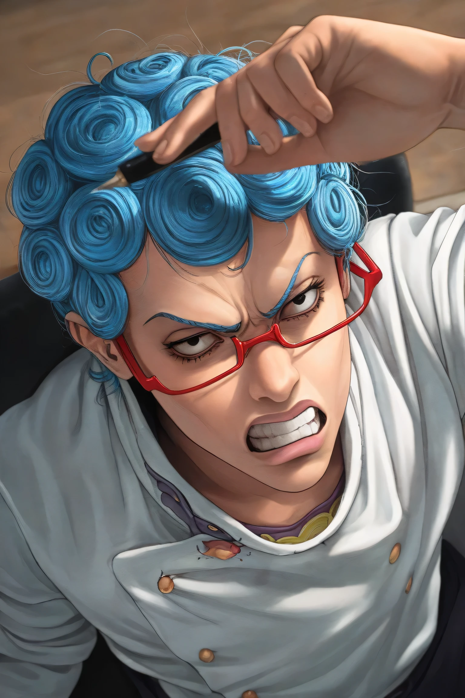 (solo),1boy\((ghiaccio:1.3),40 years old, photo realistic,italiano,frown face,mad,(angry:1.2),crazy,red glasses,sanpaku eyes,white clothes,JoJo, JoJo's Bizarre adventure, \), mad,angry,show teeth,wearing ice ,from above,offcial art,art by hirohiko araki,analog art, pen art,anatomically correct hand,dutch angle