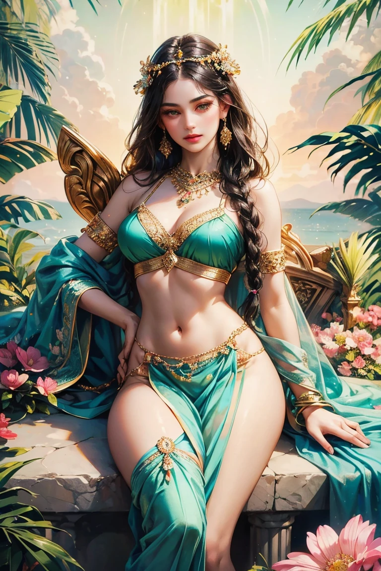 1 beautiful girl, Super beautiful detailed face, (Beautiful breasts:1.3), (Slender body:1.2), Beautiful Goddess Advent, pubick hair, cameltoe details, Beautiful background, Golden ratio, conceptual art, Super Detail, ccurate, high details, Anatomically correct, Outdoors, Beautiful jungle, (Giant Castle:1.3), cutting edge, Sexy Art, Open your legs, Beautiful girl illuminated by 7 pastel lights, Surrounded by beautiful sunsets, dazzling lights, Super delicate illustration details,