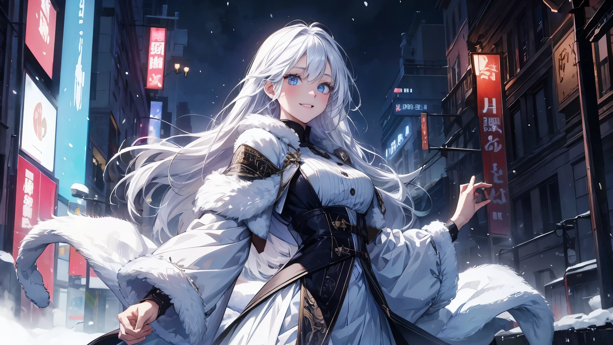 A woman wearing long white fur coat, white shirt, black skirt, long white hair, purple eyes, big breasts, in a park, the view of a distant sea, rainy and cold weather, fog,HDR, ultra resolution, very detailed, masterpiece, ultra quality, 4K HD. (solo, just a girl)