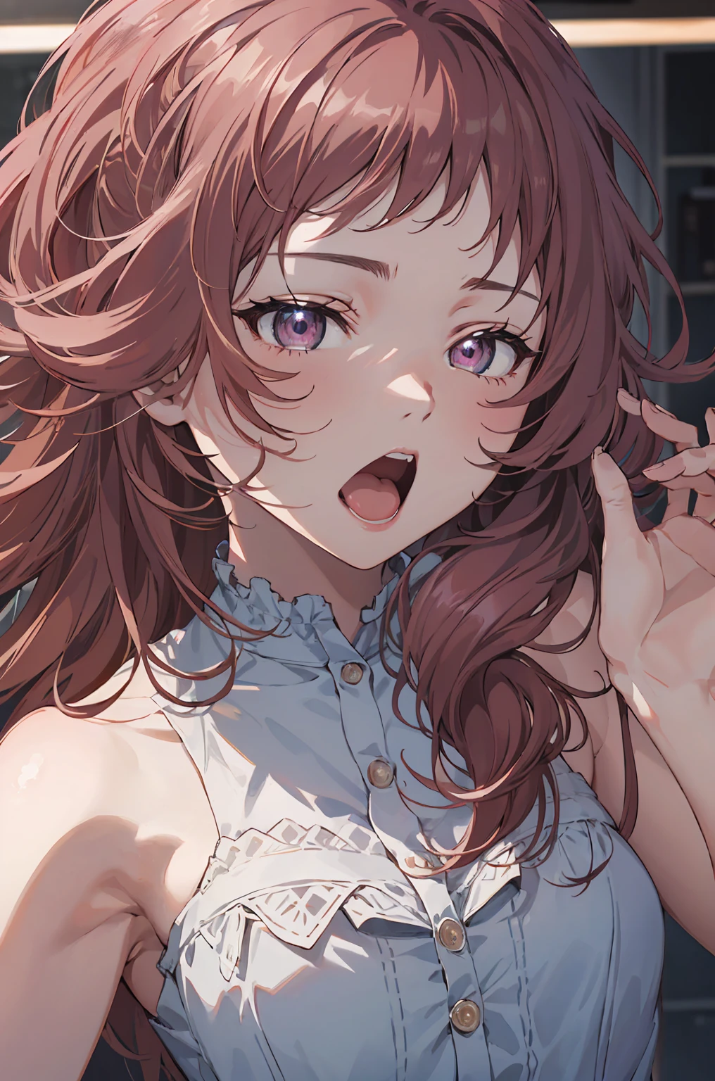 Top Quality, Hi-Res, 1girl, Madoka Higuchi, Brown hair, Moles under the eyes, Hair ornaments, Hair clips, Short hair, Bangs, Purple eyes, Idol, ,1girl fashion photo portrait, fluffy, short hair, in the dark, shadows, understated (photorealistic, raw photo: 1.2), hyper-realism (natural skin texture, realistic eye and face details), Soft Light, Rim Light, Ultra High Definition, 4K, Best Quality, Masterpiece, Necklace, (Cleavage: 0.8), Headband, Zoom in on Face, Image from Shoulder Up, Sad and Crying, Crying Loudly, Opening Mouth, Sticking Out Your Tongue, Chewing Something