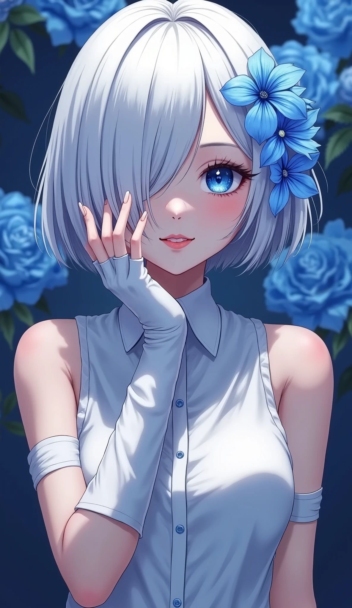 1 Girl, Bethel,  blue eyes,  bare shoulders , breast, medium breast,  short hair, White hair,  Hair on one eye,  bangs, Gloves, Sleeveless,  unique , shirt, fingerless Gloves, white shirt, Sleeveless shirt,  behind the hands ,  strapless, trumpet,  Smile, ( masterpiece), ( best quality), (  super detailed ), indoor,  simple background, Blue flowers, 