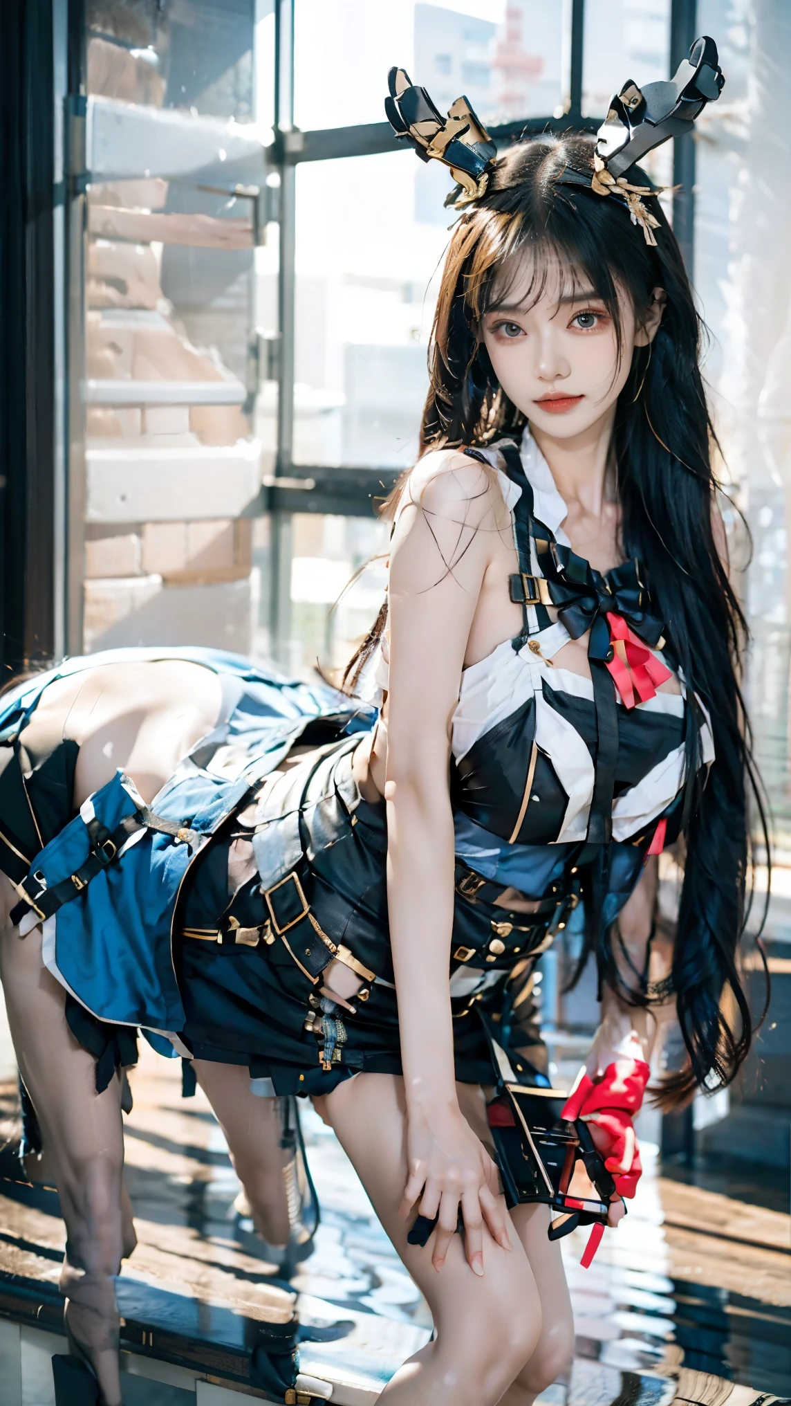 (((Transparent panties))),((translucent body at bottom:1.4)),a photo of a woman in a red and blue outfit, Juri Misaki, King of Fighters character, Misato Katsuragi, athena,blue hair,corner smile((naughty smile)),Masamune Shirow style, King of Fighters style, inspired by Masamune Shirow, Mai Shiranui, realite girl,round skirt((short )), wind lifting skirt,white panties((micro panties((showing lips and skin )),cloth skirt,cloth skirt((cotton woven)),raised skirt showing panties,red and blue latex blouse,realistic blue hair,winka photo of a woman in a red and blue outfit, Juri Misaki, King of Fighters character, misato katsuragi, athena ,blue hair ,corner smile((naughty smile)),Masamune Shirow style, King of Fighters style, inspired by Masamune Shirow, Mai Shiranui, realite girl,round skirt((short )),wind lifting skirt,white panties((micro panties((showing lips and skin)),cloth skirt,cloth skirt((woven cotton)),raised skirt showing panties, red and blue latex blouse,realistic blue hair,wink