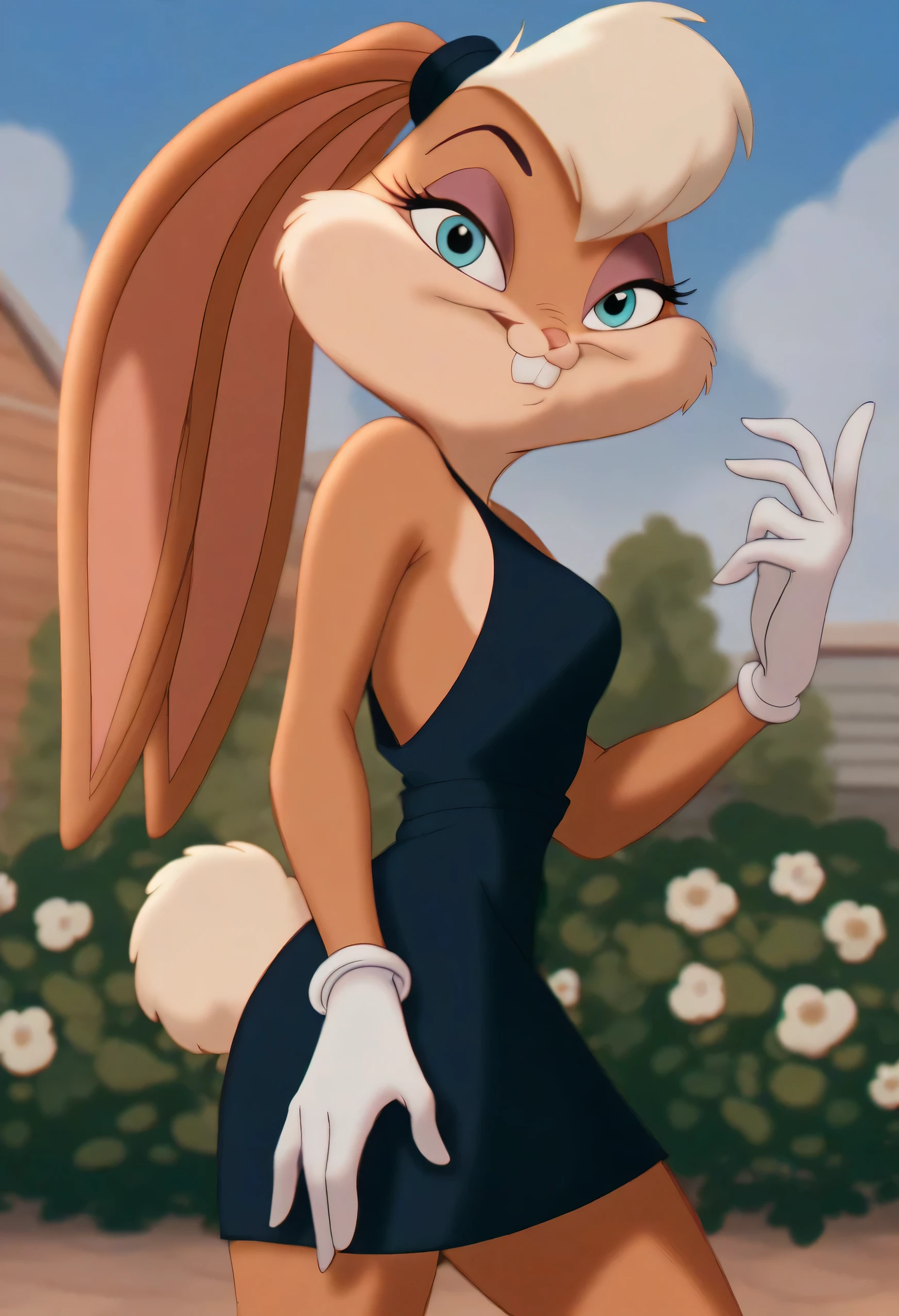 lolabunny, 1girl, solo, furry female, rabbit ears, rabbit girl, animal nose, white gloves, blue eyes, body fur, standing, tail, buck teeth, cowboy shot,smile,looking at viewer, English garden, blue sky, score_9, score_8_up, score_7_up, score_6_up, score_5_up, score_4_up , sexy black shdress, a short black dress