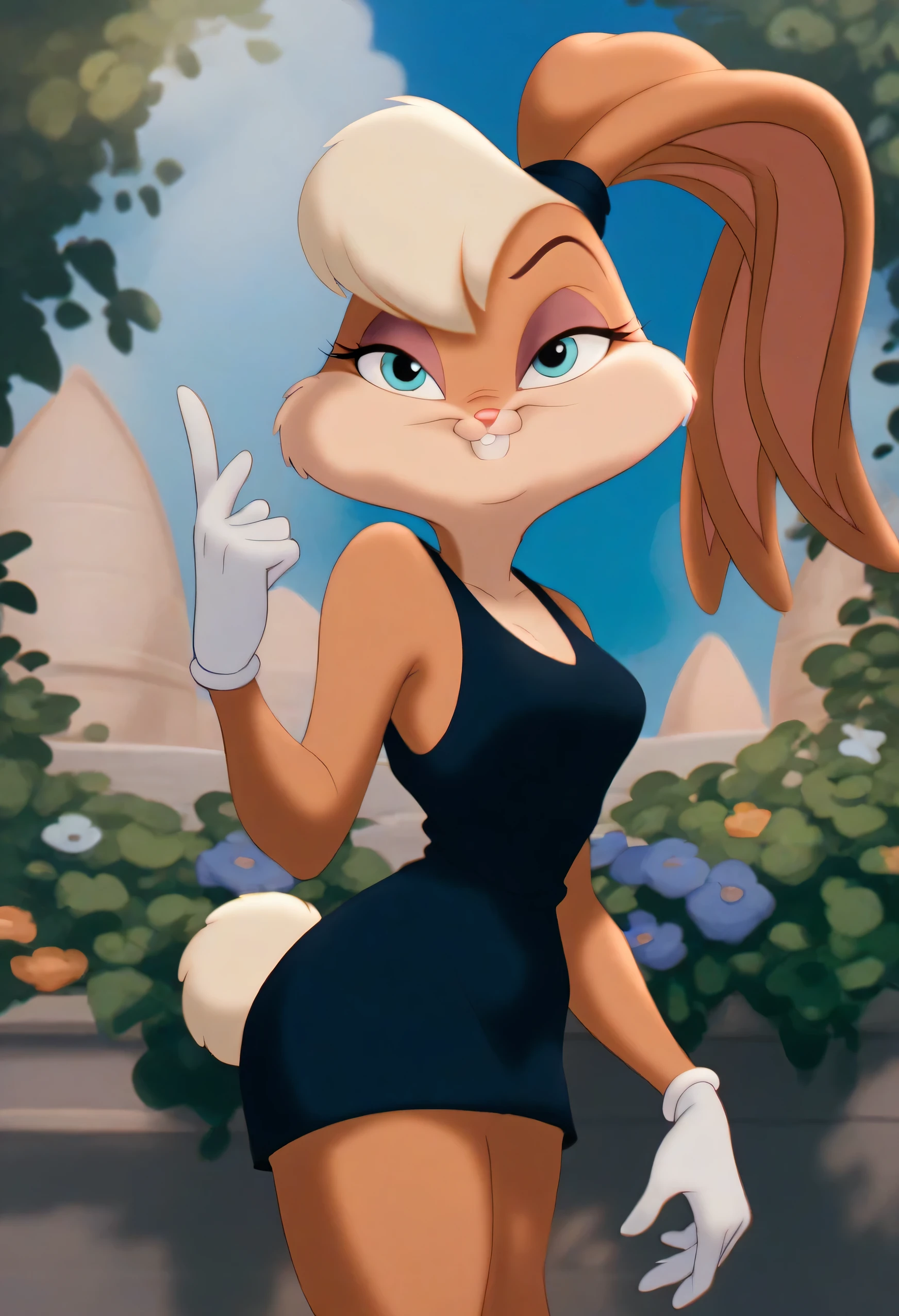 lolabunny, 1girl, solo, furry female, rabbit ears, rabbit girl, animal nose, white gloves, blue eyes, body fur, standing, tail, buck teeth, cowboy shot,smile,looking at viewer, English garden, blue sky, score_9, score_8_up, score_7_up, score_6_up, score_5_up, score_4_up , sexy black shdress, a short black dress