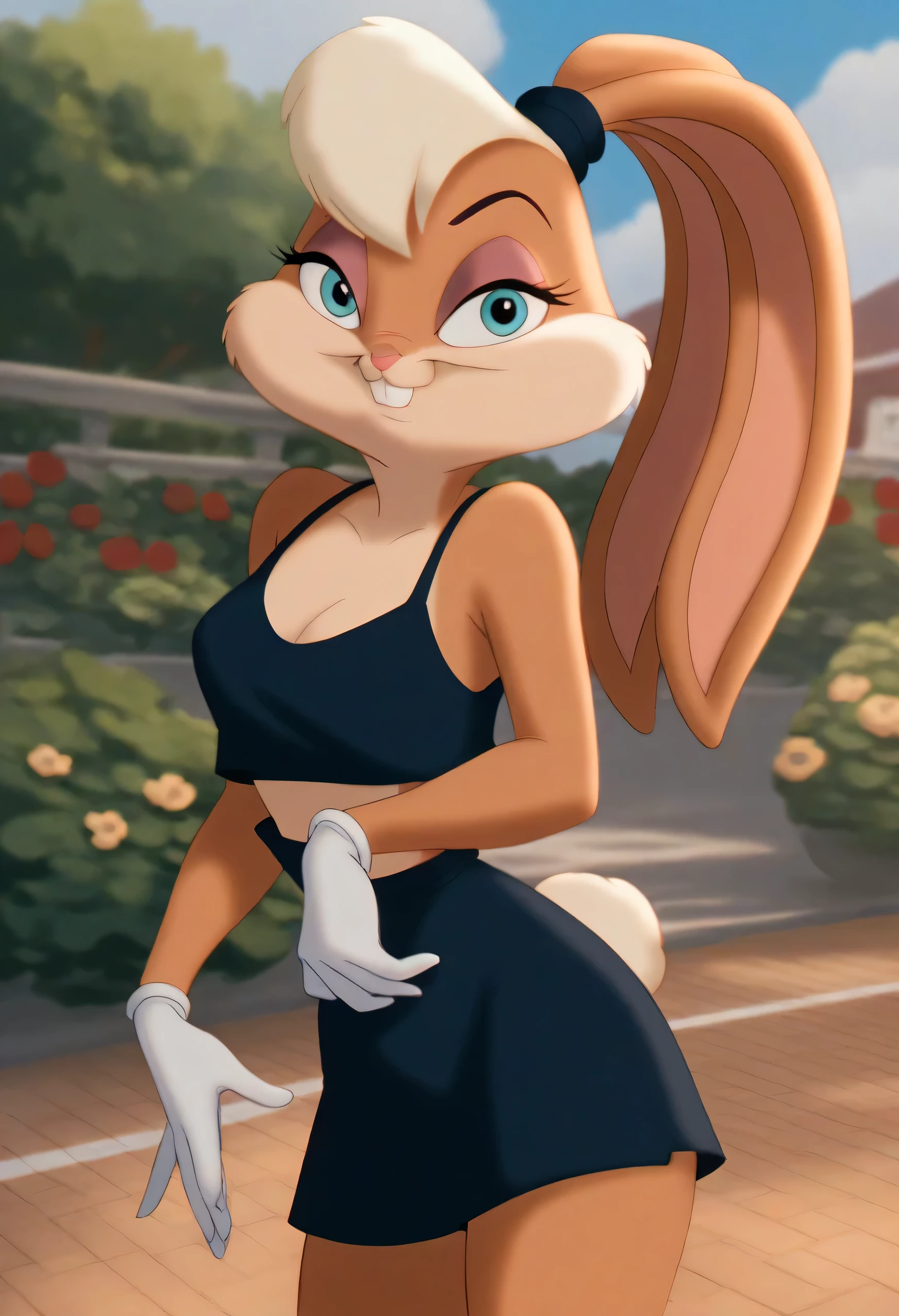 lolabunny, 1girl, solo, furry female, rabbit ears, rabbit girl, animal nose, white gloves, blue eyes, body fur, standing, tail, buck teeth, cowboy shot,smile,looking at viewer, English garden, blue sky, score_9, score_8_up, score_7_up, score_6_up, score_5_up, score_4_up , sexy black spaghetti strap, a short black dress