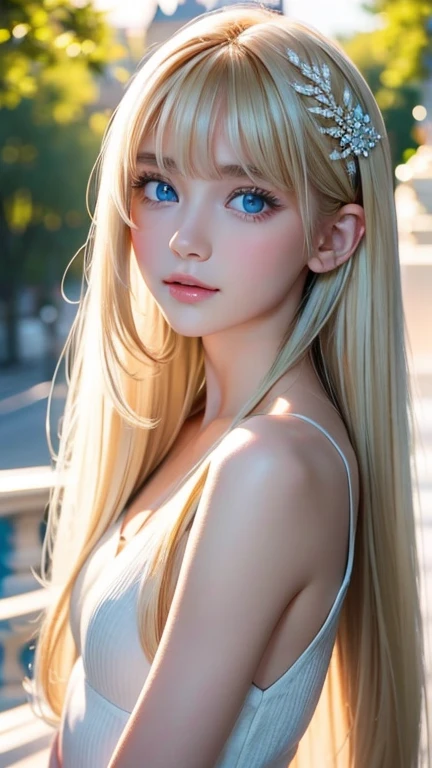 The Shining, clear, White skin、Her windblown blonde hair hides her beautiful face、A stunning 16-year-old blonde beauty、Bangs between the eyes、Cute sexy little beautiful face、Eye-catching, beautiful, super long straight hair、growing up, Large, sparkling, very bright light blue eyes、Long, silky bangs that cover cute eyes, Sexy and cute young woman with super long hair hiding her sexy face、Ultra long platinum hair、Small Face Beauty、Round face、Cheek gloss highlighter、