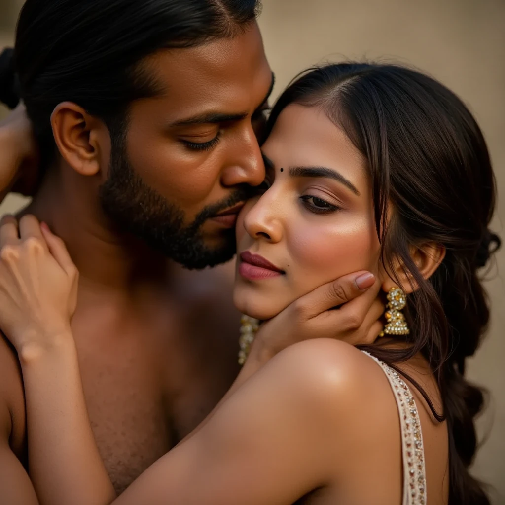Indian woman and blond white man hugging and kissing，El fondo es viento de colores y maderas coloridas，Primer plano de la parte superior del cuerpo