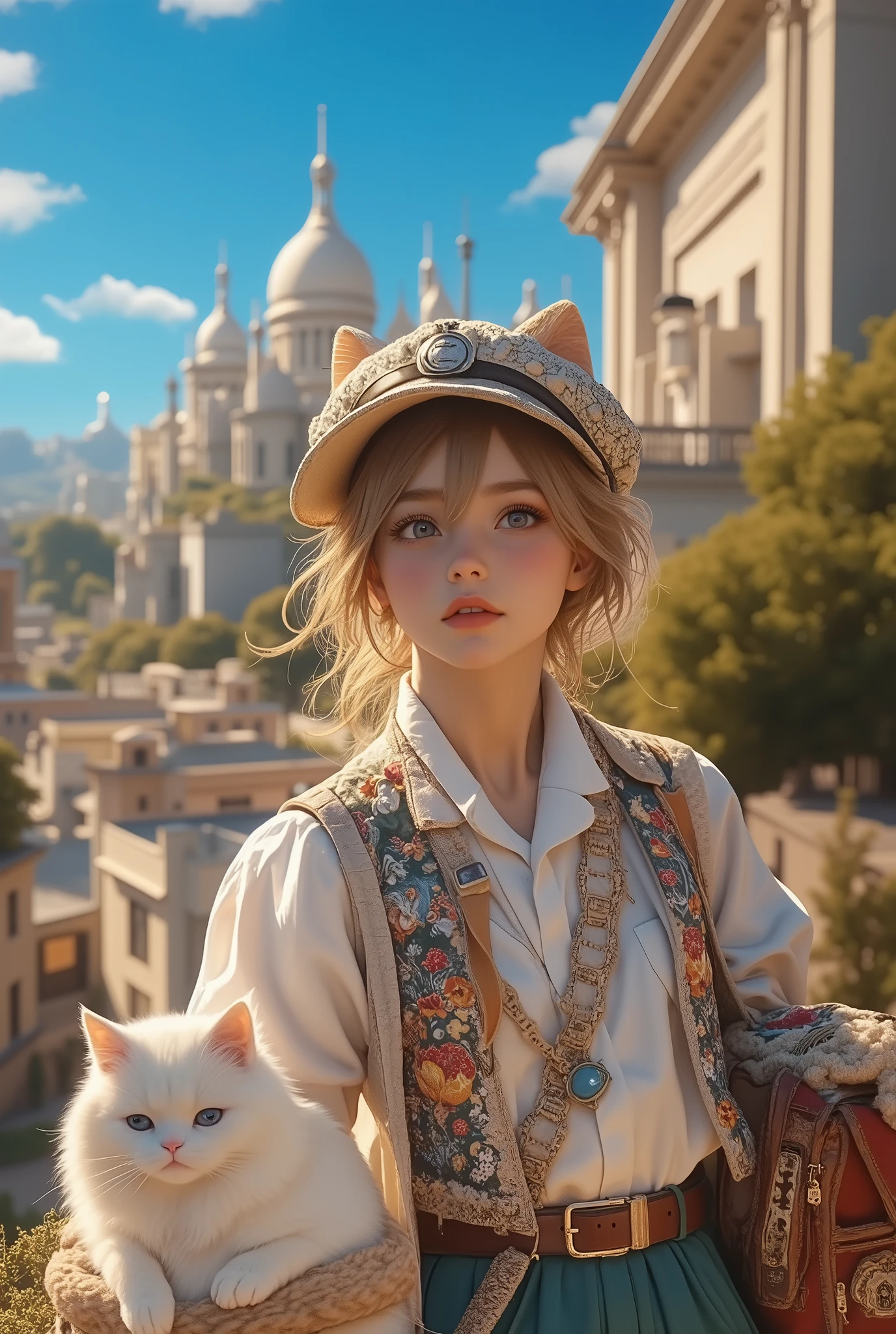  best quality 、 Top Masterpieces、 Award-winning work 、8k, ,  Traveling Girl , (白い猫と一緒に Traveling Girl :1.5), One person travel, ,  blue sky, , Paris, (Montmartre Hill, Sacré-Coeur:1.4)