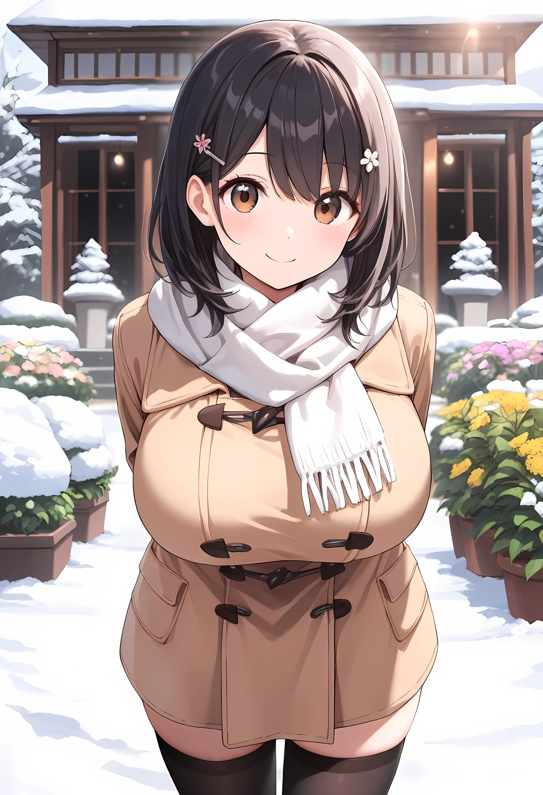 (ultra detailed), cowboy shot from Alchemy Kettle,( girl ,),(duffle coat),(White scarf), fold your hands behind your back , black knee high socks,( huge breasts , black hair, Medium Hair, hairpin, brown eyes,smile,garden,snow,(ultra detailed, super detail, high details, highres, 8k, best quality, masterpiece, extremely detailed CG, clear, professional lighting, cinematic lighting, dynamic lighting, ultra high resolution, accurate, perfect anatomy,super detailed skin, beautiful detailed face, beautiful detailed eyes, beautiful detailed hands)