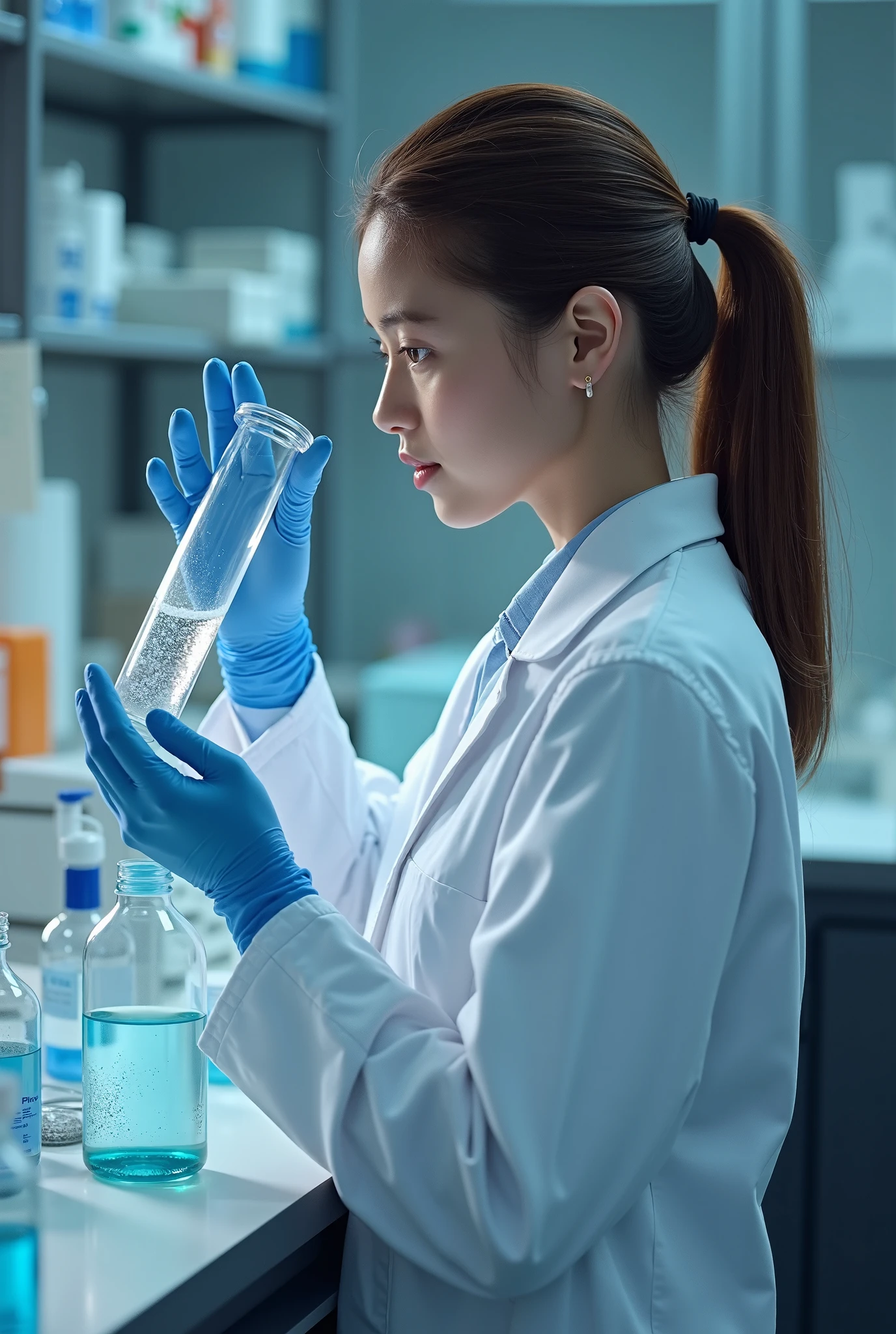 Arafed woman in a lab coat holding a bottle of liquid - SeaArt AI