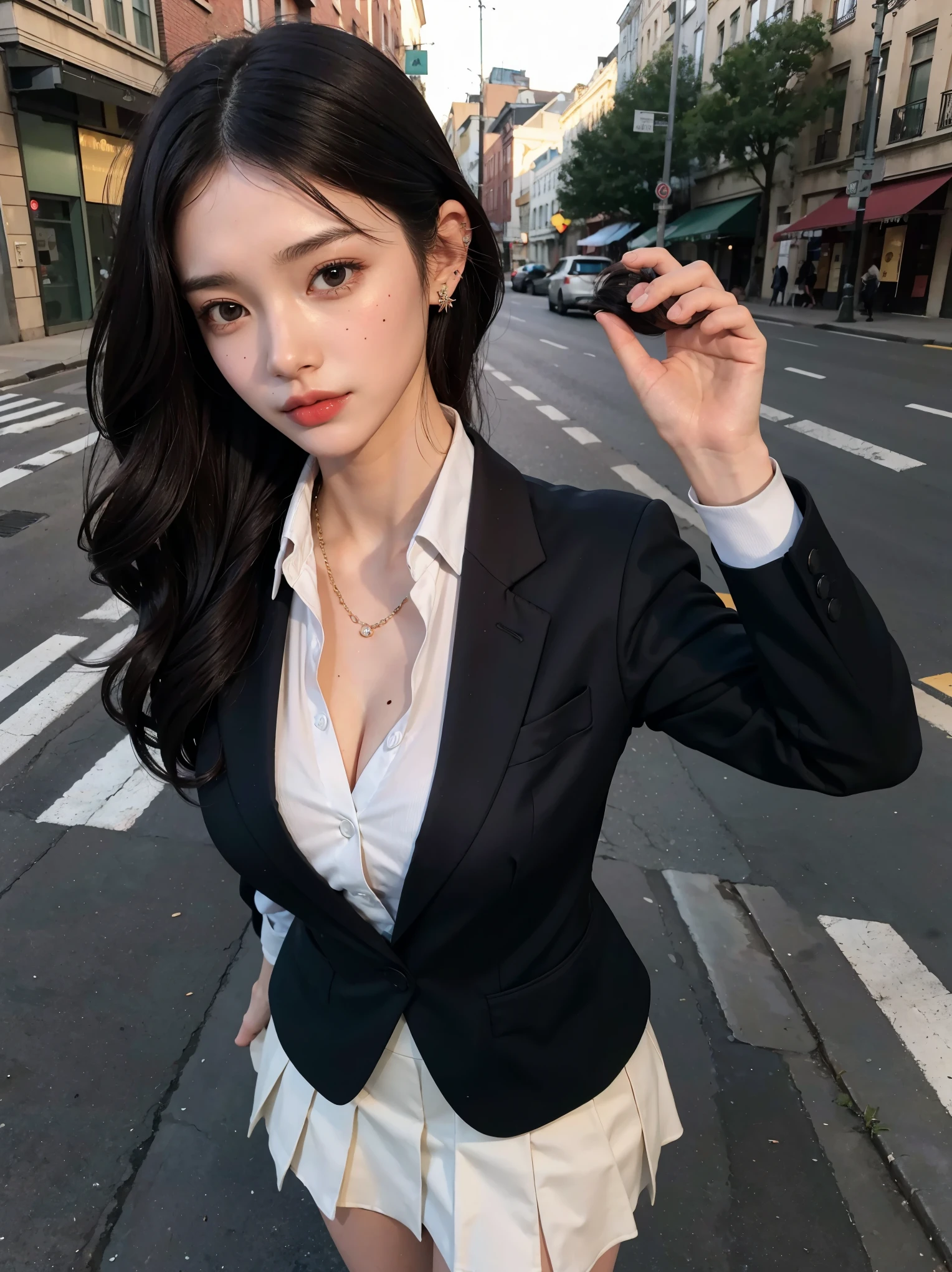 Highest quality, masterpiece, 8K, Ultra-high resolution, (Photorealistic:1.4), 1 Girl、Beautiful expression、Symmetrical eyes、Big Breasts、Perfect Body Proportions、Female police officer、Unbutton the chest、Looking at the audience、(City Street:1.2)、Long legs(1.3)、mini skirt