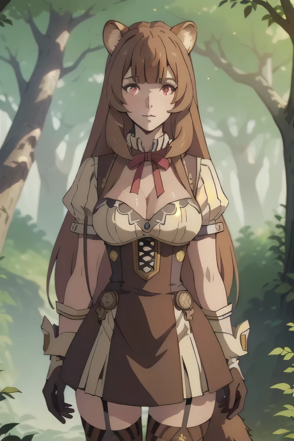 1 girl in, 18, photo of Raphtalia, Shield Hero Waifu, photo of perfect woman, Solo, Aesthetic artwork, (long hair, straight brown hair, long hair, brown hair, bangs: 1.25), (girl, raccoon girl, raccoon ears, animal ears, red eyes: 1.2), (clear skin, fare skin, medium breasts, B-cup, runners body, very thin waist, skinny, petite, detailed skin texture, (Masterpiece), (cleavage, focus on breasts:1.2), ((wearing American McGee's Alice in Wonderland steampunk dress, gloves, striped stockings)), (high detailed giant mystical forest), (extremely detailed 8k wallpaper), soft lighting, high quality, film grain, 50mm, High Detail, Sharp focus, (natural light), (cowboy photo:1.2), light particles