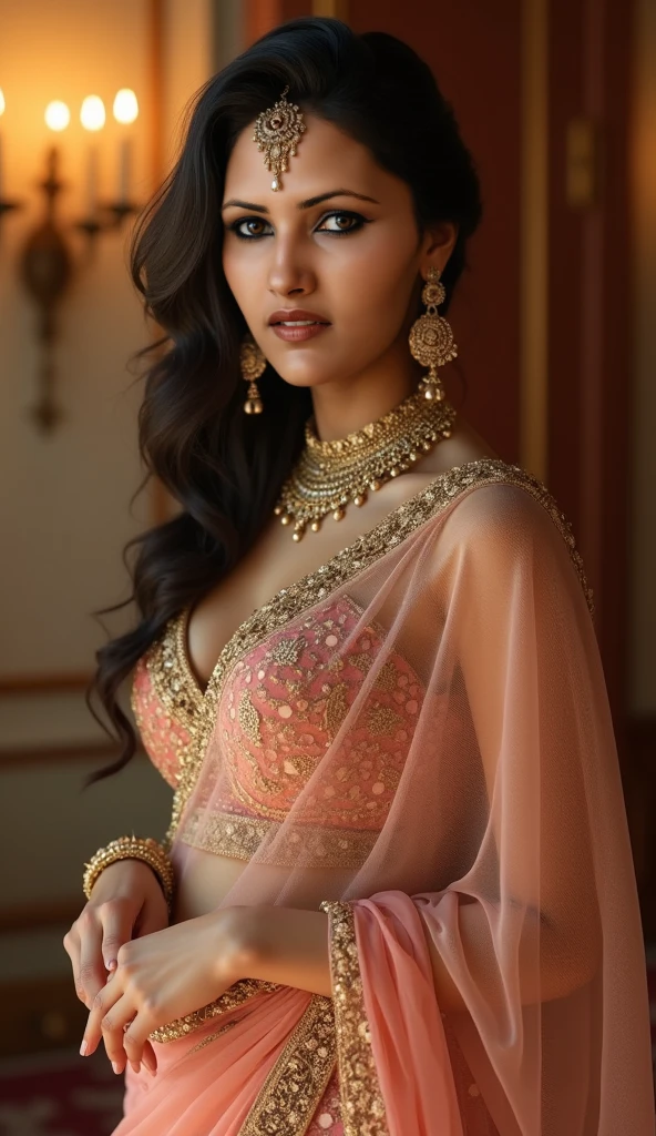 4K, UHD, masterpeice, indian girl, romantic face, detailed eyes, detailed lips, very long hair, straight hair, very long hair, beautiful hair, hair ornaments, hairband, gradient hair, ((pink green tanktop)), ((bridal lehenga)), ((decorated blouse)), sardine, (( lehenga)), ((lace)), ornaments, necklace, earring, high lighting, ((bare stomach)), wedding stage, fujicolor, depth of field, ray tracing, ultra realistic detail,