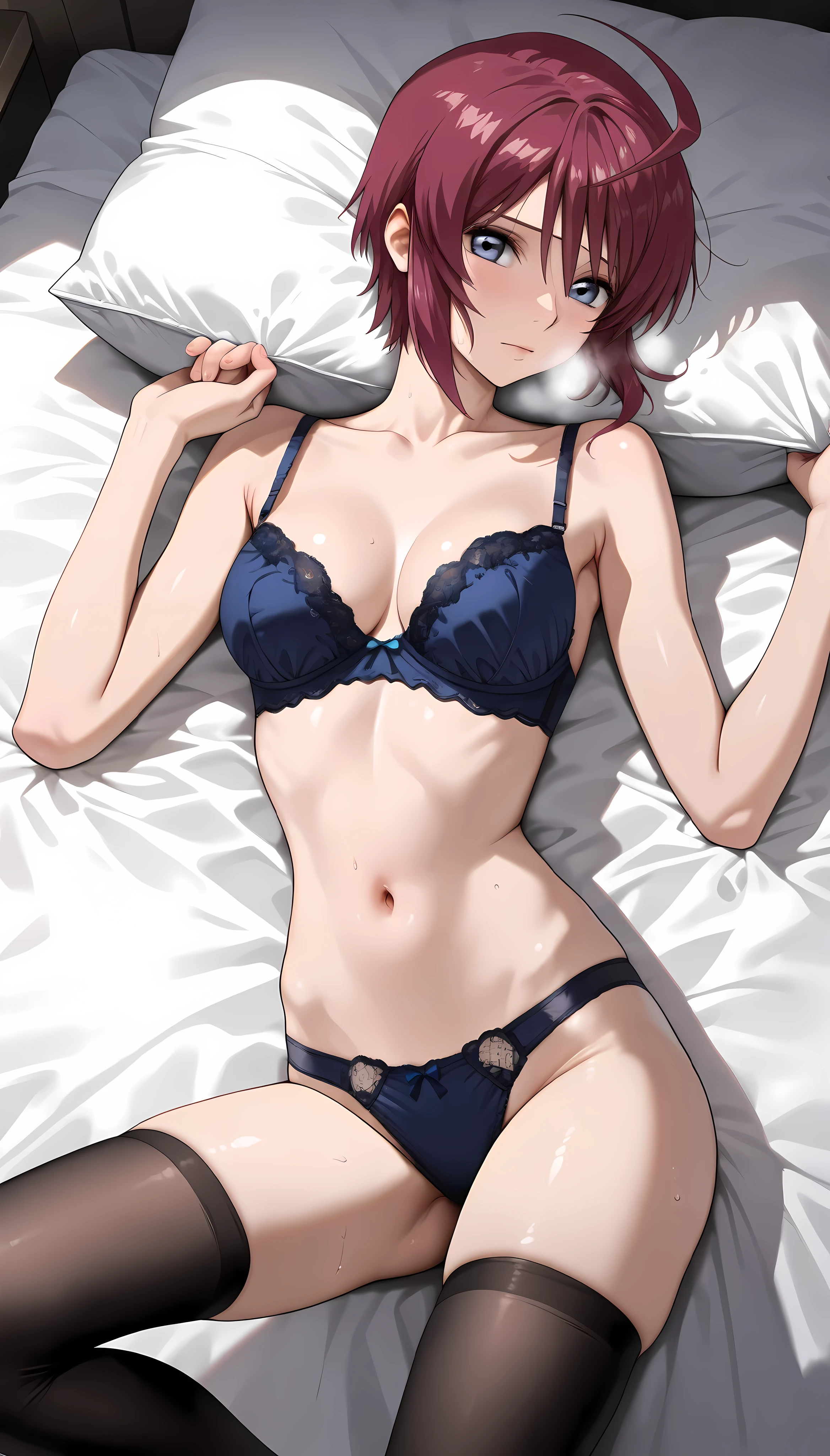 BREAK looking at viewer,BREAK (masterpiece:1.2), best quality, high resolution, unity 8k wallpaper, (illustration:0.8), (beautiful detailed eyes:1.6), extremely detailed face, perfect lighting, extremely detailed CG, (perfect hands, perfect anatomy)mansion, bedroom, windows, candles,night,soft light,wet,shizuka mikazuki, short hair, purple hair, hair ornament, hairclip, (pink eyes:1.5), swept bangs,
collarbone, sexy lingerie,bathrobe,neckline, cleavege,nipples see through,showing legs,showing panties,camel toe,lace panties,stockings,lie on back,lie in bed,from above,hands behind head,showing breasts,no bra,naked.