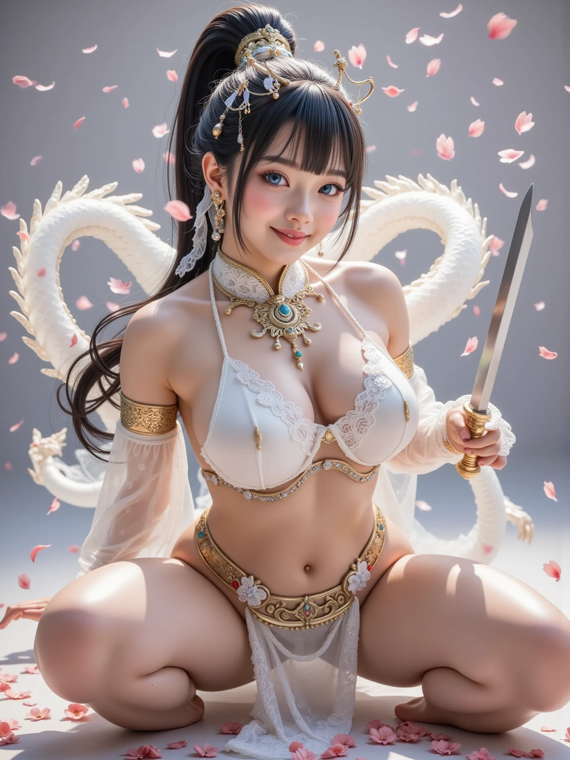 (((extremely heavy breasts)))、(Fight fiercely with dragons)、top-quality、masterpiece、超A high resolution、(White Dragon Armor)、dragon armor、(Wearing a beautiful crown made of jewels),(Photorealsitic:1.4)、Raw photo、女の子1人、Golden hair、glowy skin、(((Chinese Dragon)))、(Gorgeous Jewelry Necklaces)、(Mystical expression)、(Fight big dragons)、With a beautiful knife、(White Metal Bodysuit)、(beautiful forest background)、Precipitous cliffs、(Small LED)、((super realistic details))、portlate、globalillumination、Shadow、octan render、(One-Eyed Scouter)、8K、ultrasharp、Colossal tits、Raw skin is exposed in cleavage、metals、Details of complex ornaments、Japan details、highly intricate detail、Realistic light、CGSoation Trends、Red Eyes、radiant eyes、Facing the camera、neon details、(Mechanical limbs)、(blood vessels connected to tubes)、Mechanical vertebrae attached to the back、mechanical cervical attaching to neck、(Wires and cables connecting to the head)、Gundam、Small LED、,Mechanical thighs、Toostock、(Hands are also made of machines)、(veils)、