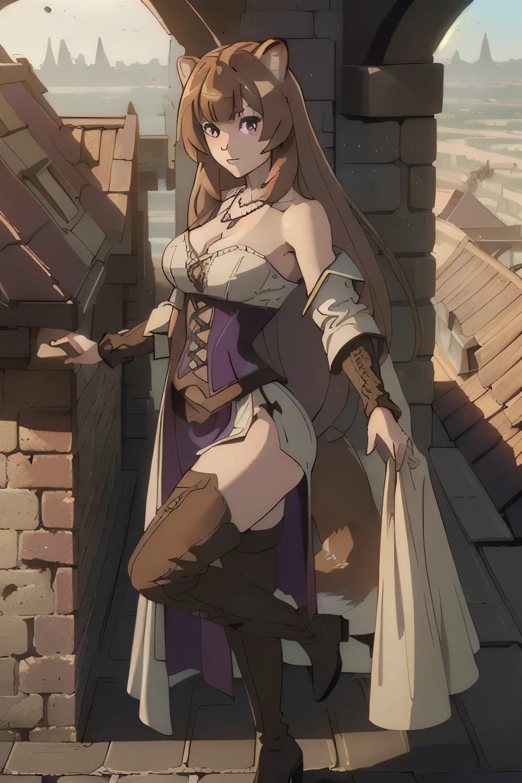 1 girl in, 18, photo of Raphtalia, Shield Hero Waifu, photo of perfect woman, Solo, Aesthetic artwork, (long hair, straight brown hair, long hair, brown hair, bangs: 1.25), (girl, raccoon girl, raccoon ears, animal ears, red eyes: 1.2), (clear skin, fare skin, medium breasts, B-cup, runners body, very thin waist, skinny, petite, detailed skin texture, (Masterpiece), (cleavage, focus on breasts:1.2), ((revealing clothing,(key necklace, (wearing full length wizard robes purple, corset, bare shoulders, thigh high boots, chains:1.1), (dancing pose:1.21), (detailed Castle roof background:1.1), rooftop, overlooking medieval city, (extremely detailed 8k wallpaper), soft lighting, high quality, film grain, 50mm, High Detail, Sharp focus, (natural light), (cowboy photo:1.2), light particles