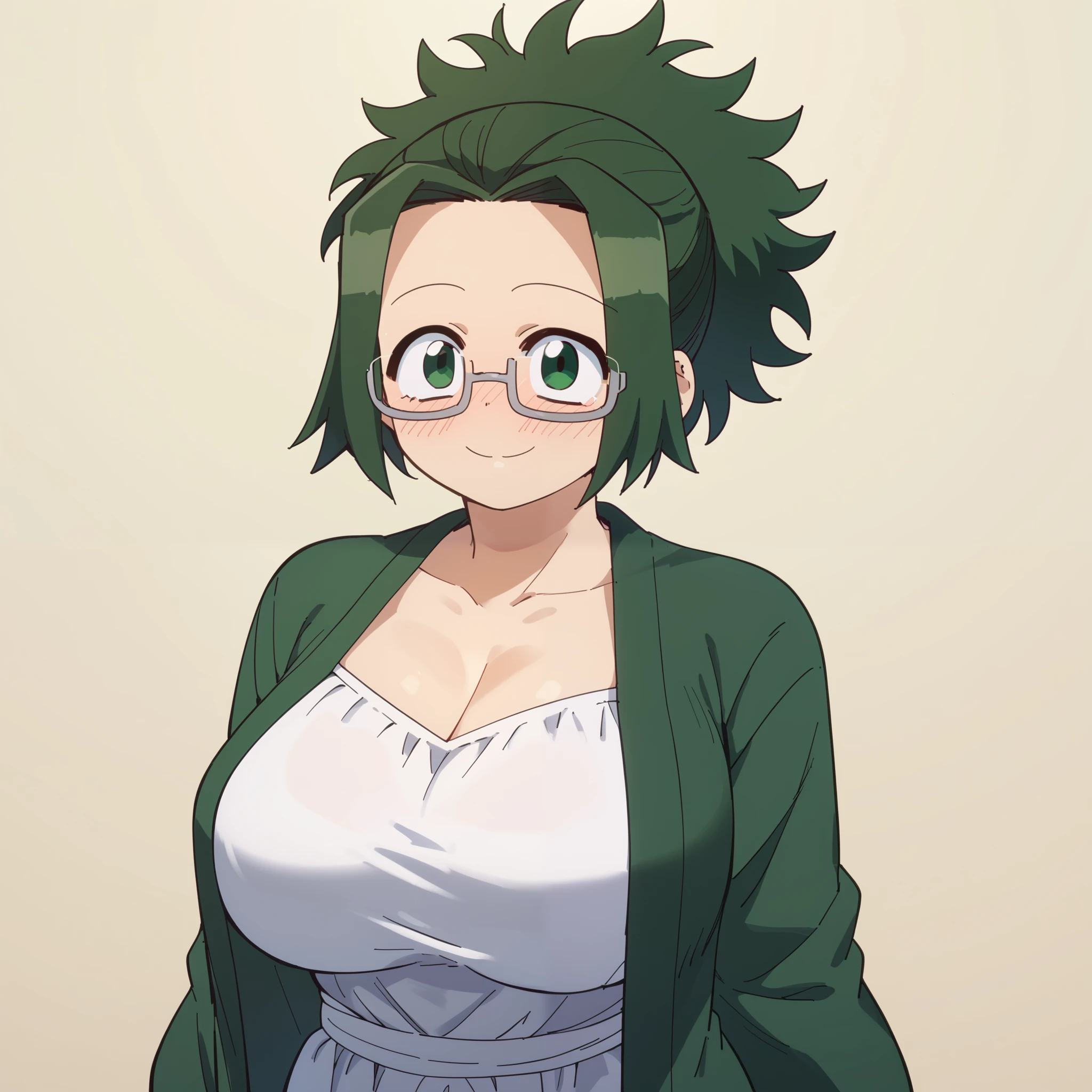 1girl, solo, himiko agari, green eyes, ponytail, green hair, glasses, big breasts, wide hips, thick thighs, white dress, long skirt, green cardigan, blushed, smile, standing, looking at viewer, simple background, from the front view