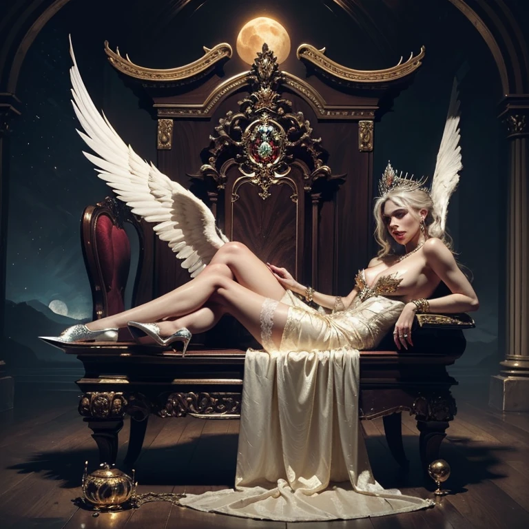 Ultra-detailed complex 3D rendering of the face, (Colossal: 8.8), (masterpiece, top quality, octane rendering, 8K), glamour shot full body image, cleavage, (highly detailed skin: 1.2), (exposure: 1.1), (blonde), (wearing a plummet tank top of gold silk: 1.5)), blonde hair, beautiful Caucasian woman with full soft breasts and white skin, one with big ass, long braided hair, big breasts, dynamic angle, mystical expression, ultra-realistic photography, (((((portrait))), bare feet, futuristic city background, facial muscles, detailed and beautiful queen tiara, in the style of Marvel Comics, clear focus, studio photography, intricate details, highly detailed, detailed yellow eyes, sharp focus, digital rendering, professional, abs, ((((sexy pose))), natural jungle, open mouth lightly, mansle, open crotch, seductive look, angel ring, detailed angel wings, angel ring, detailed mouth inside,