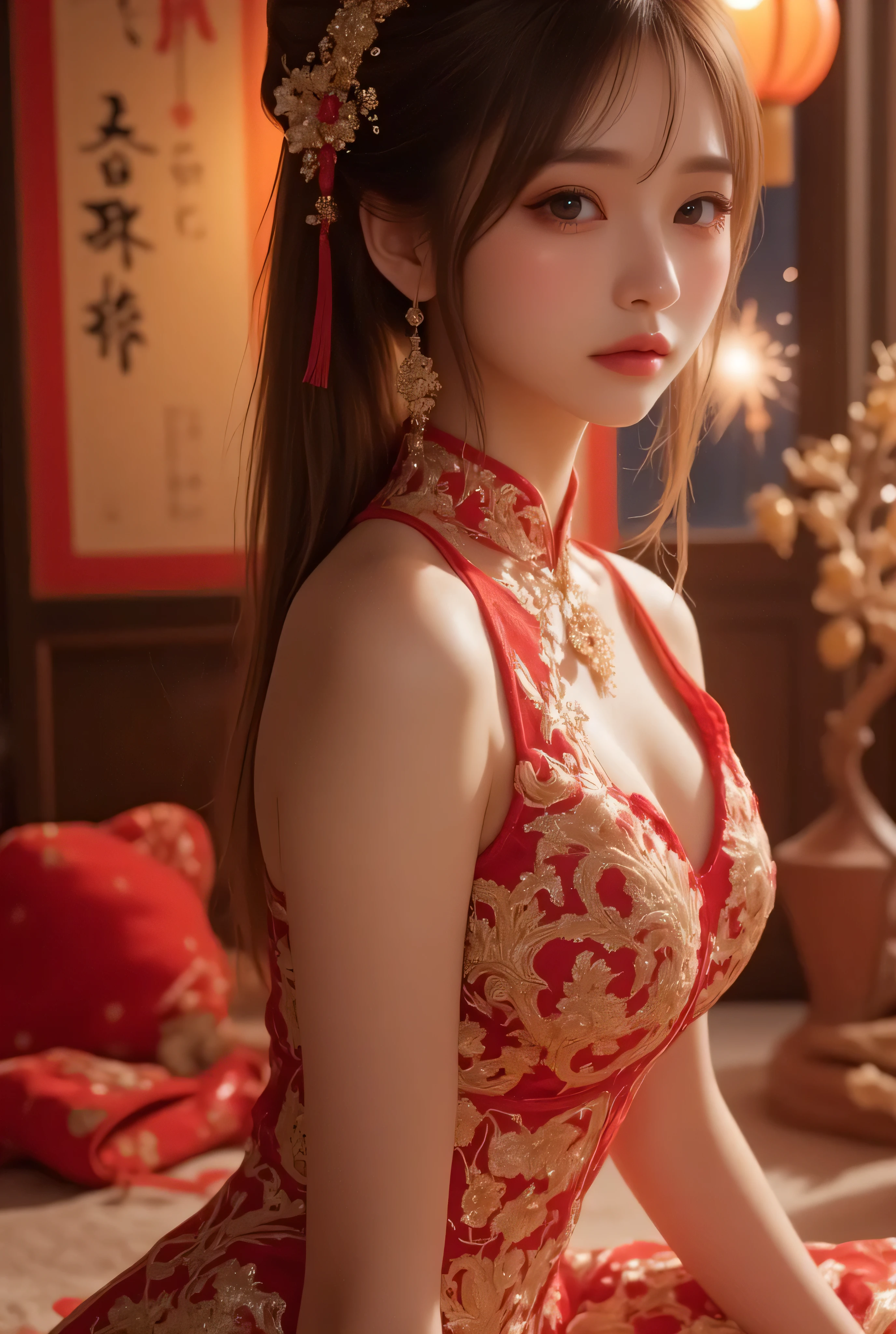 Cat ears、 face up, attractive, pretty girl, ponytail、 (( fine facial features , eroticism)), dramatic lighting , realistic , 8k, Dramatic Shadows , intricate and elaborate patterns , super detailed photo , chiaroscuro lighting , Pleasant colors , deep contrast , super real 、 pink lipstick、 warm room、Vintage Fireplace 、 cinematic composition、Close-up of face, pretty half part transparent open shoulder loose outfits dress, tang style, A beautiful Korean idol wearing a one piece red- black tightly cheongsam with phoenix and intricate floral golden embroidery, golden and silver outline on dress, hand hold pink feathers transparent Chinese fan with golden ink painting of bird and tree , standing gracefully in a room filled with traditional Chinese New Year decorations. The room features vibrant red lanterns, decorative calligraphy scrolls, a small Chinese orange tree with golden ornaments, and several red envelopes scattered across the floor and hanging from the tree. Adorable, playful cats are part of the scene—some sitting near the tree, others curiously pawing at the red envelopes or lounging around. Through a window or an open door in the background, vibrant Chinese fireworks light up the night sky in an array of reds, golds, and blues, casting a magical glow into the room. The idol’s outfit is paired with subtle accessories like red hairpins or earrings, complementing the festive look. The atmosphere is warm and lively, filled with the joyful essence of the celebration, enhanced by the shimmering lights of the fireworks and the lively decor.