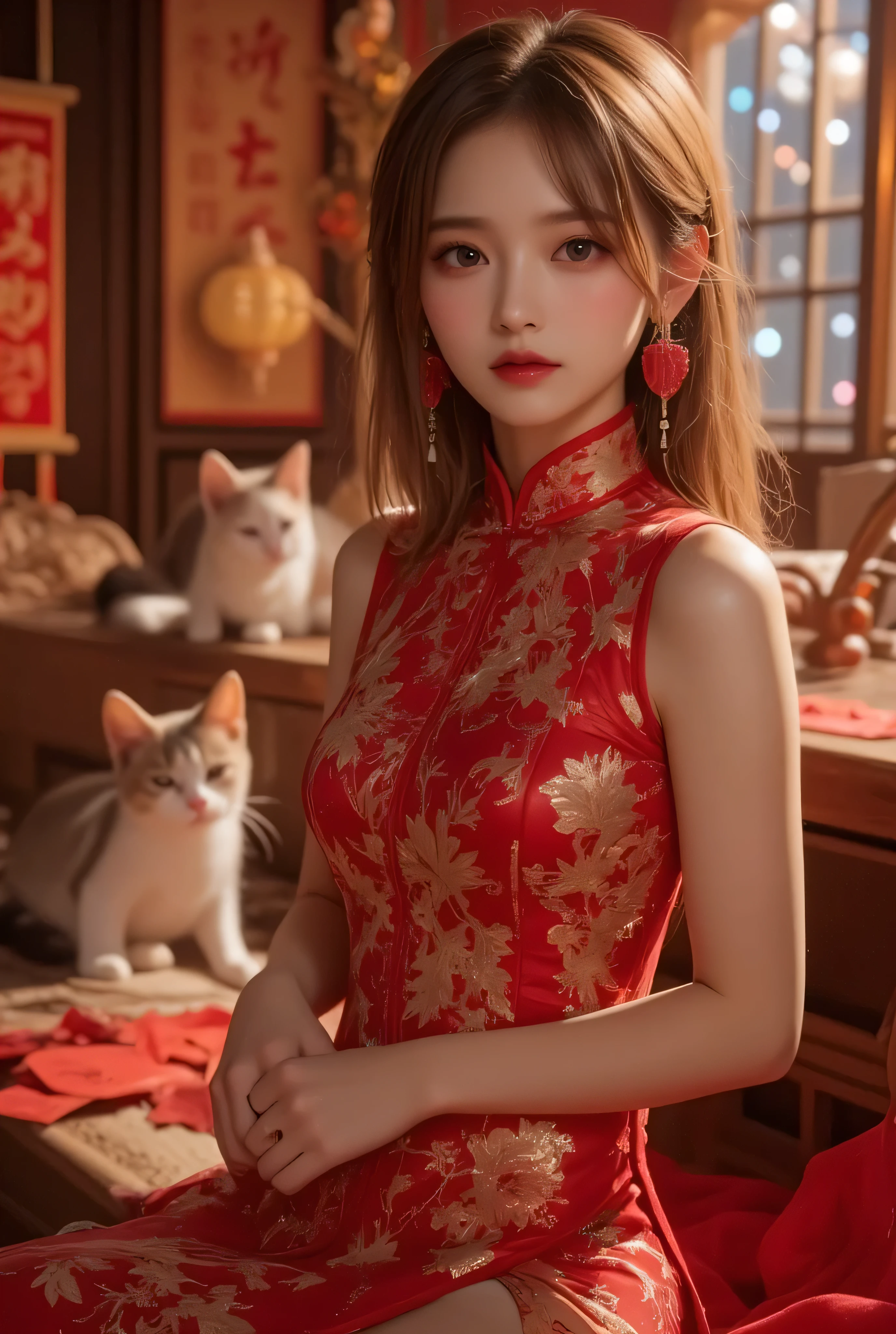 Cat ears、 face up, attractive, pretty girl, ponytail、 (( fine facial features , eroticism)), dramatic lighting , realistic , 8k, Dramatic Shadows , intricate and elaborate patterns , super detailed photo , chiaroscuro lighting , Pleasant colors , deep contrast , super real 、 pink lipstick、 warm room、Vintage Fireplace 、 cinematic composition、Close-up of face, pretty half part transparent open shoulder loose outfits dress, tang style, A beautiful Korean idol wearing a one piece red- black tightly cheongsam with phoenix and intricate floral golden embroidery, golden and silver outline on dress, hand hold pink feathers transparent Chinese fan with golden ink painting of bird and tree , standing gracefully in a room filled with traditional Chinese New Year decorations. The room features vibrant red lanterns, decorative calligraphy scrolls, a small Chinese orange tree with golden ornaments, and several red envelopes scattered across the floor and hanging from the tree. Adorable, playful cats are part of the scene—some sitting near the tree, others curiously pawing at the red envelopes or lounging around. Through a window or an open door in the background, vibrant Chinese fireworks light up the night sky in an array of reds, golds, and blues, casting a magical glow into the room. The idol’s outfit is paired with subtle accessories like red hairpins or earrings, complementing the festive look. The atmosphere is warm and lively, filled with the joyful essence of the celebration, enhanced by the shimmering lights of the fireworks and the lively decor.