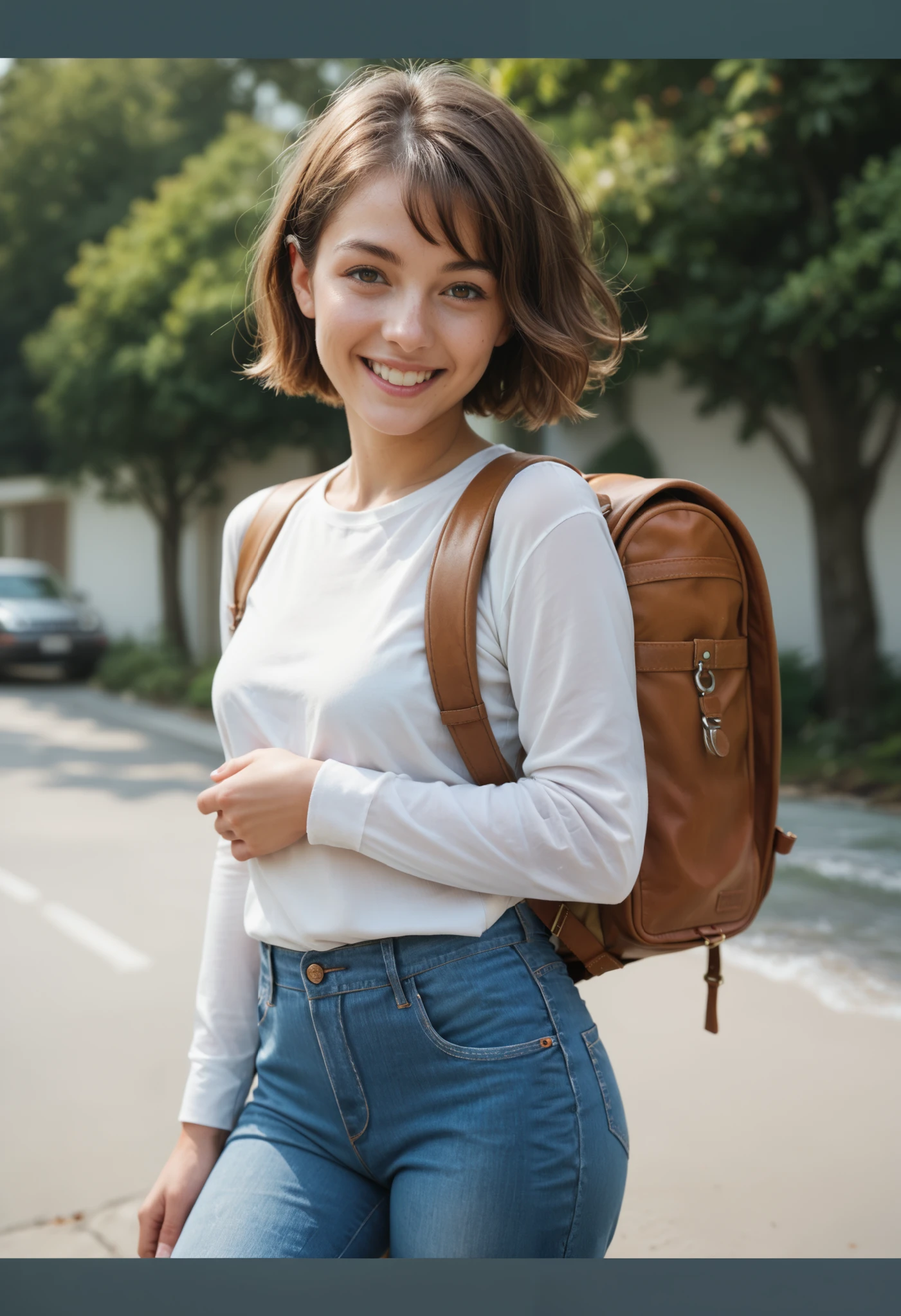 Masterpiece, hd, realistic, a standing on outdoor ,white shirt,blue and denim pants:1.5,best smile，brown hair，Side waves with a short cut，Carrying a backpack, 