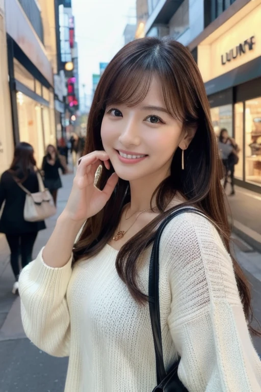 Tabletop, highest quality, figure, Very detailed, In detail, High resolution, 8k wallpaper, Perfect dynamic composition, Beautiful fine details, dress,Medium Hair, Center of chest, Natural color lip, Random sexy poses,smile,Street Walk、20-year-old girl、huge 、Too much exposure、Knit tops、office lady