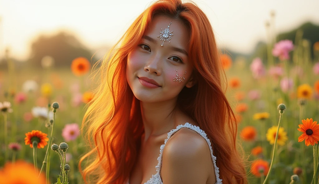 (extra detailed body、extra detailed face、best qualtiy:1.2)、femele、looking at the viewers、(Orange hair、Flashy clothes、12year old、a smile、Feather piercings down to the bottom of the shoulder、hippy、hair adornments、Fancy Necklaces、bell-bottoms)、(Crossroads:1.4)
