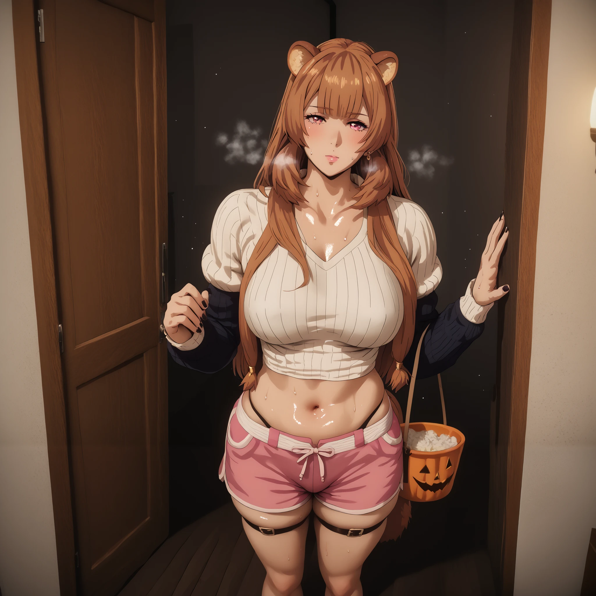 hero neisan style, Score_9, Score_8_up, Score_7_up, raphtalia, long hair, bangs, brown hair, animal ears, raccoon ears, raccoon tail, raccoon girl, pink eyes, huge breasts, mature female, anime coloring, anime screencap, shiny skin, (voluptuous:1.3), (thick:1.3), BREAK UHD, retina, masterpiece, accurate, anatomically correct, textured skin, super detail, high details, high quality, award winning, best quality, highres, 4K, black nails, makeup, eyelashes, excessive sweating, sweating, sweating drop, (gasping, heavy breathing:1.3), (skindentation:1.2), perfect eyes, beautiful eyes, eyelashes, makeup, detailed body, perfect body, BREAK, 1girl, solo, breasts, halloween, navel, sweatdrop, looking_at_viewer, jewelry, earrings, halloween_costume, large_breasts, closed_mouth, collarbone, bucket, doorway, standing, heavy breathing, gasping, sweating, excessive sweating, sweating drop, plump, seductive sweating, half-closed eyes, BREAK COSTUME, white shirt, long sleeves, black cardigan, dolphin shorts, short shorts, pink shorts, midriff peek, thigh belt, at bedroom,