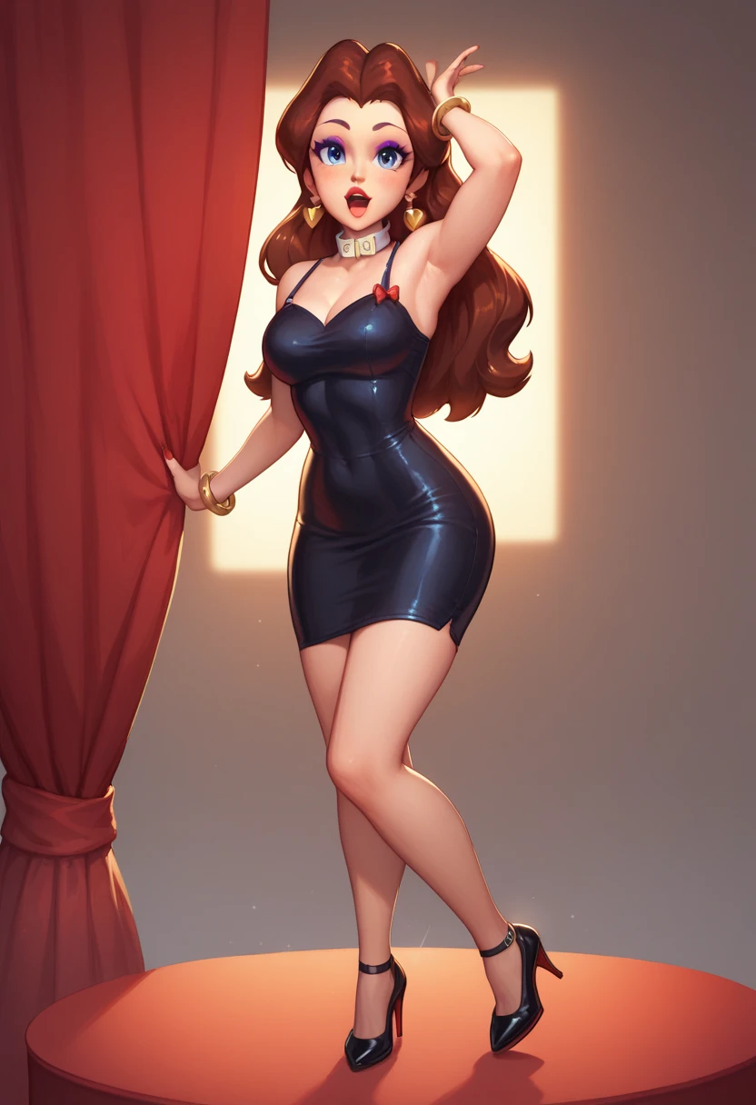 Hairy lion, female, squatting down,minidress,high-heels,downward gaze, olhar lecherous, 1 female,Near angle
