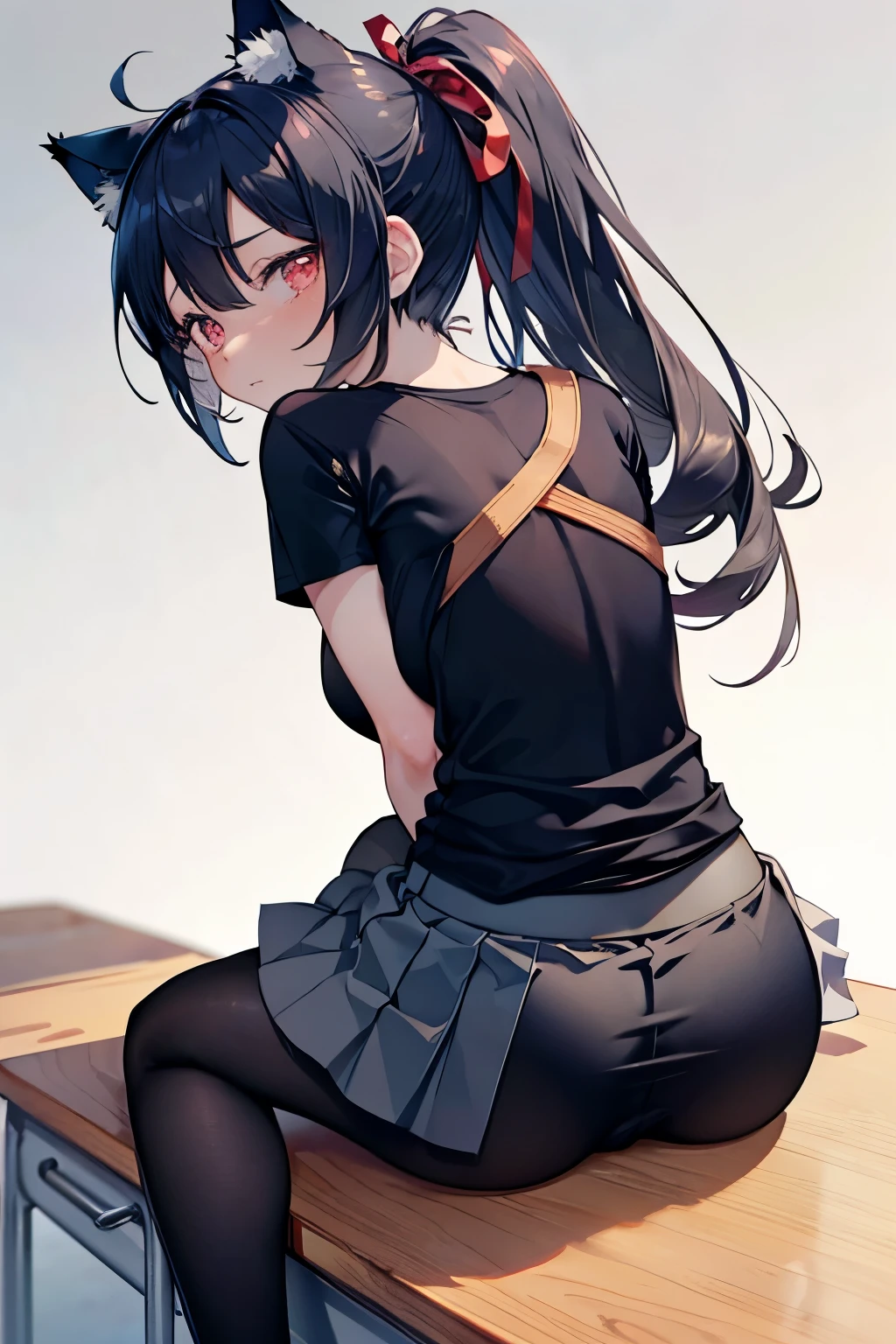 Masterpiece, beautiful girl ,
Looking back,
Arms rest,Ass, Legs apart, Bent over,
Full body, Back focus,Desk,
Down Blouse , loose t-shirt , Pleated skirt, Pantyhose, Cat ears, White Ponytail, Beautiful Red eyes, Medium breast,
(From behind:1.2), (Closeup:1.2),
(Perfect anatomy:1.5),