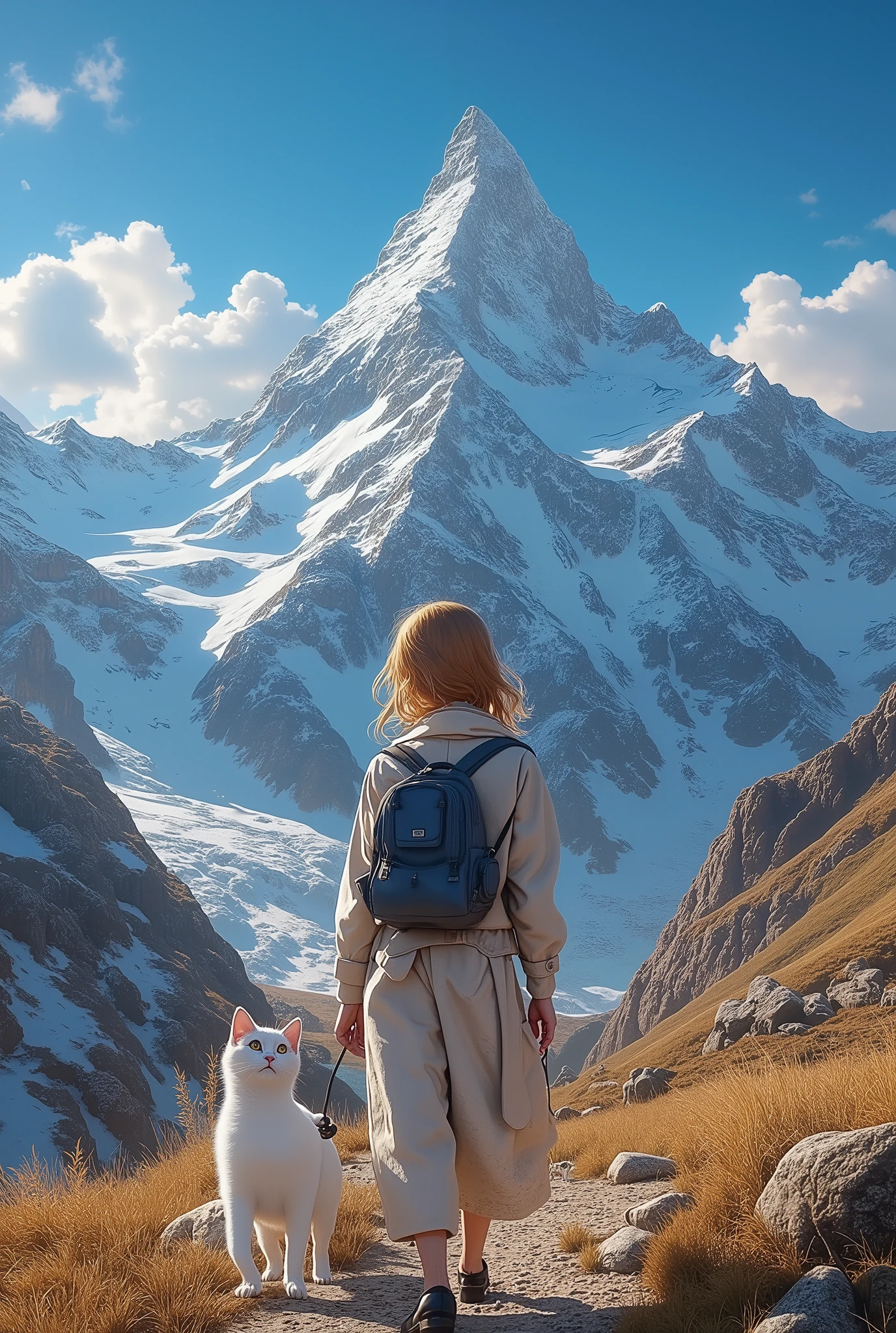 best quality 、 Top Masterpieces、 Award-winning work 、8k, , Traveling Girl , (白い猫と一緒に Traveling Girl :1.5), One person travel, , blue sky, , Switzerland, (Matterhorn:1.4)